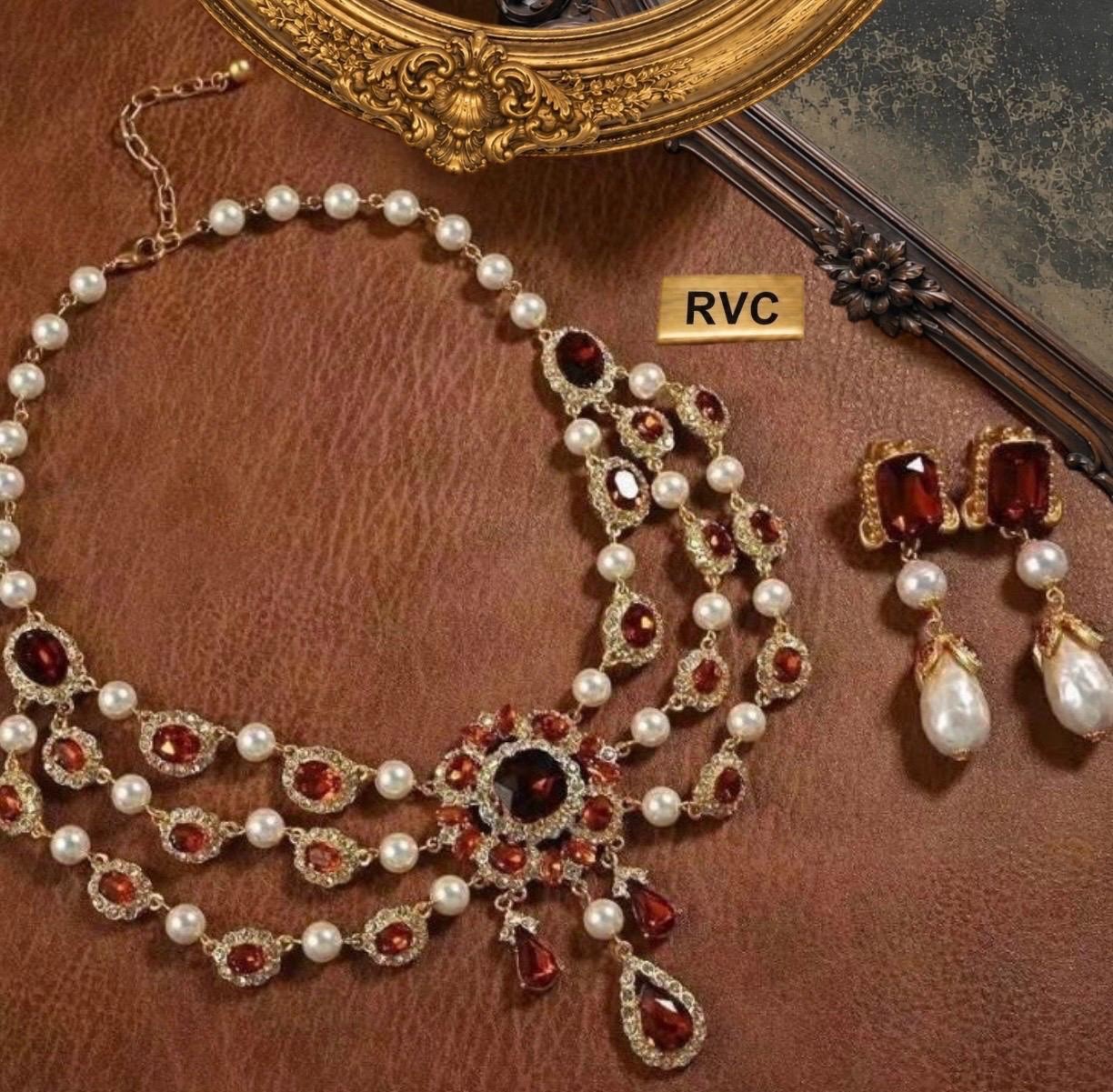 Vintage Victorian Revival Garnet Baroque Pearl Pendant Necklace & Earrings Set
