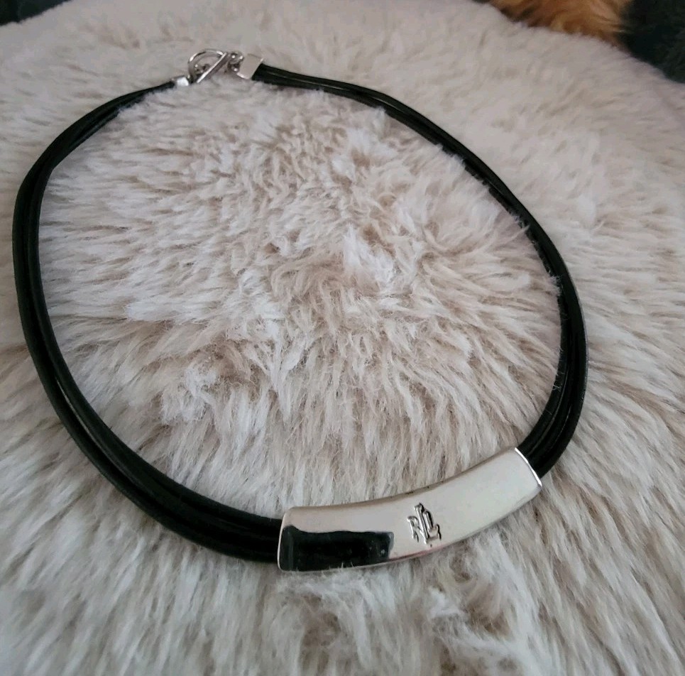 Classic Ralph Lauren Black Leather Multi-Strand Choker Necklace Silver Tone Bar