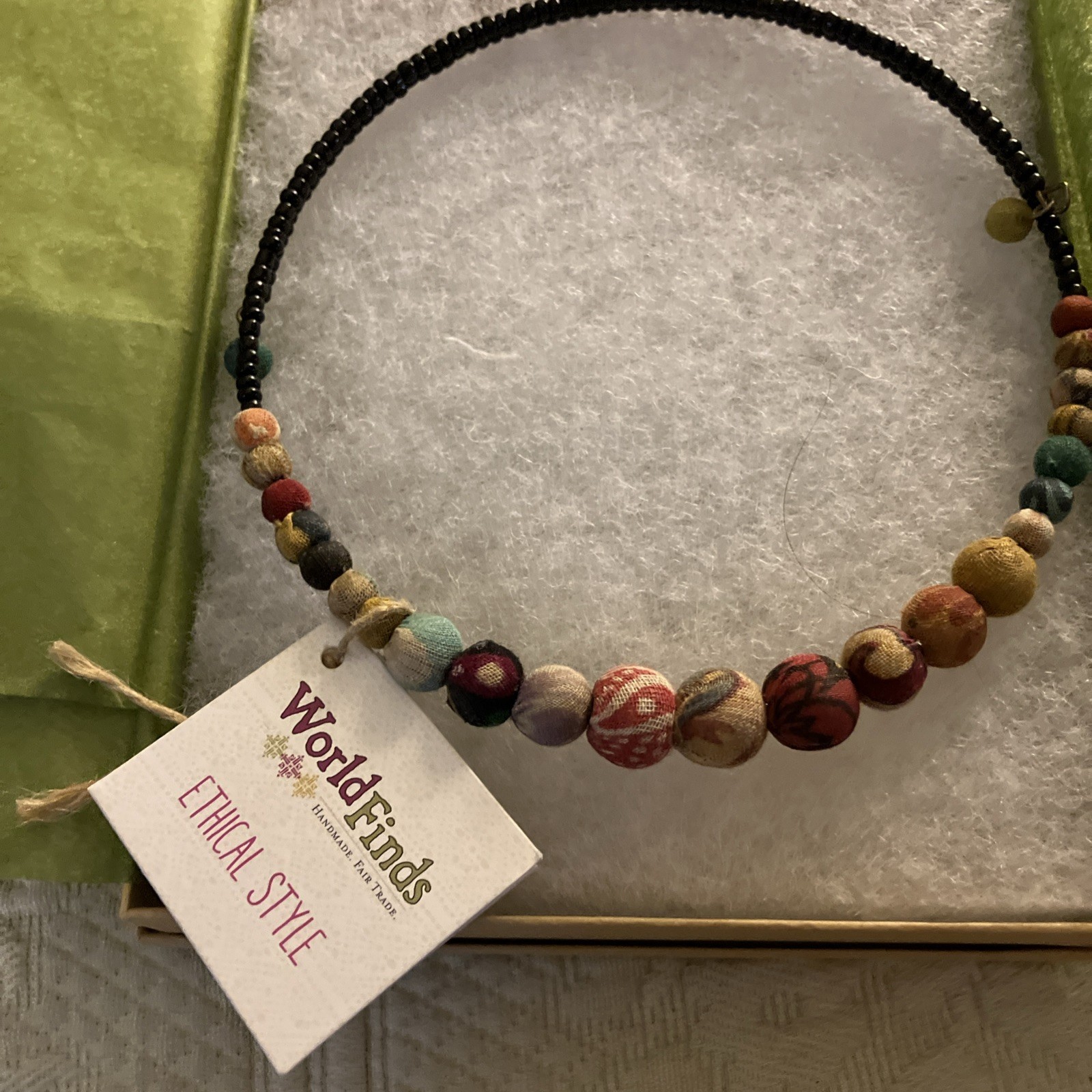 World Finds Fabric Covered Beaded Choker Strand Necklace w/ Tag 74540 Fair Trade
