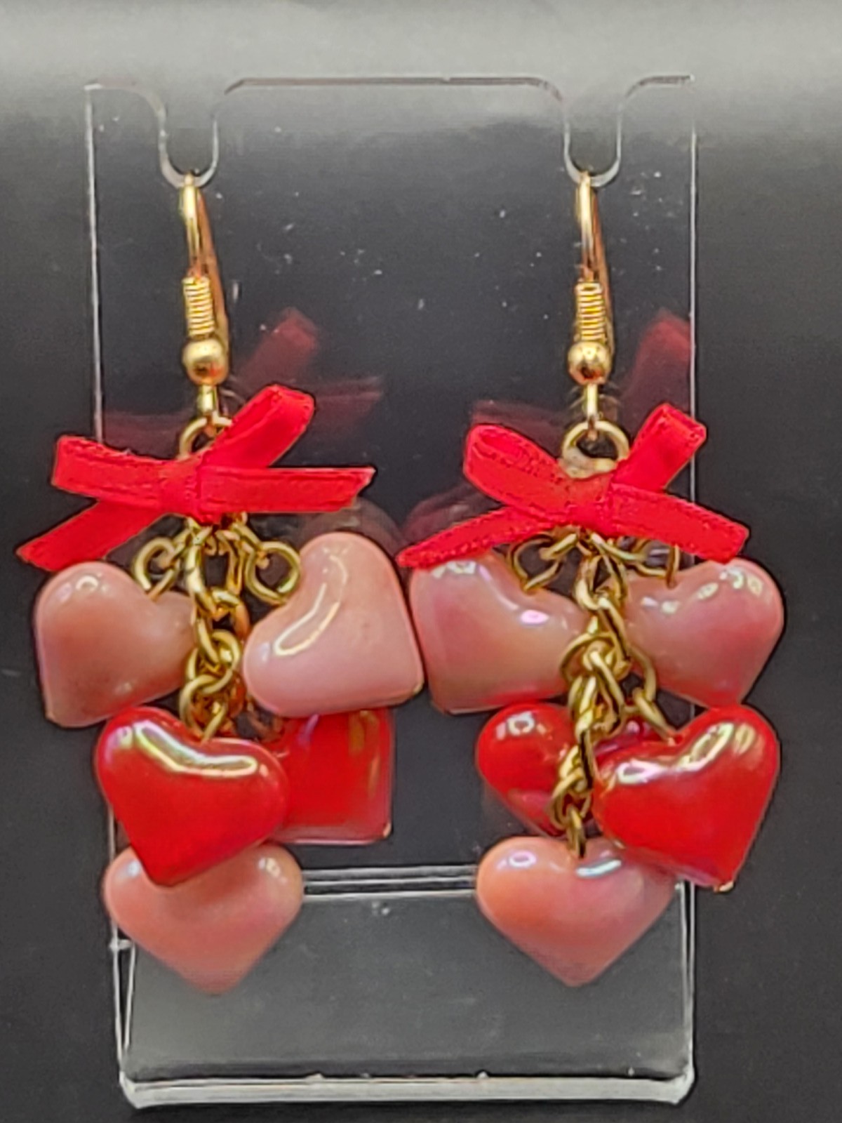 Red Pink Heart Cluster Dangle Earrings w/ Ribbon Bows Valentine Kawaii 9.3g