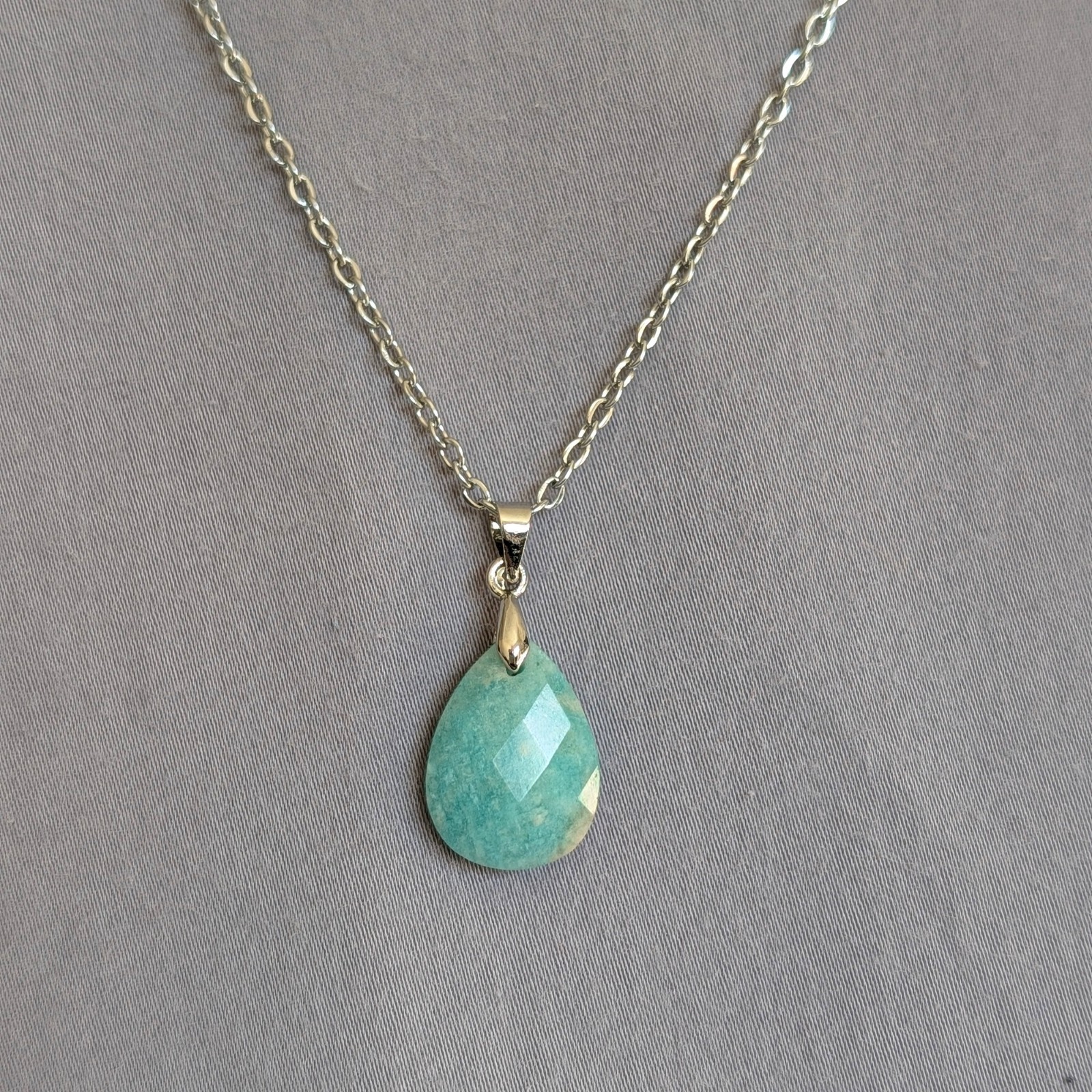 Amazonite Pendant Necklace, Sky River Natural Stone, Stainless Steel Chain
