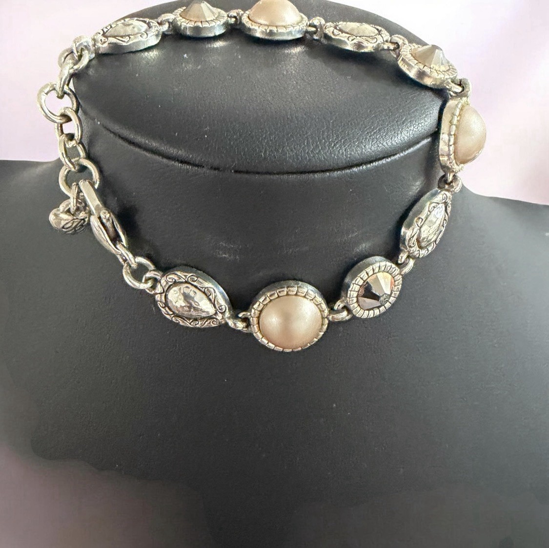 Brighton Romantic Retired Pearl Swarovski Crystal Link Bracelet Vintage Sz 7.5