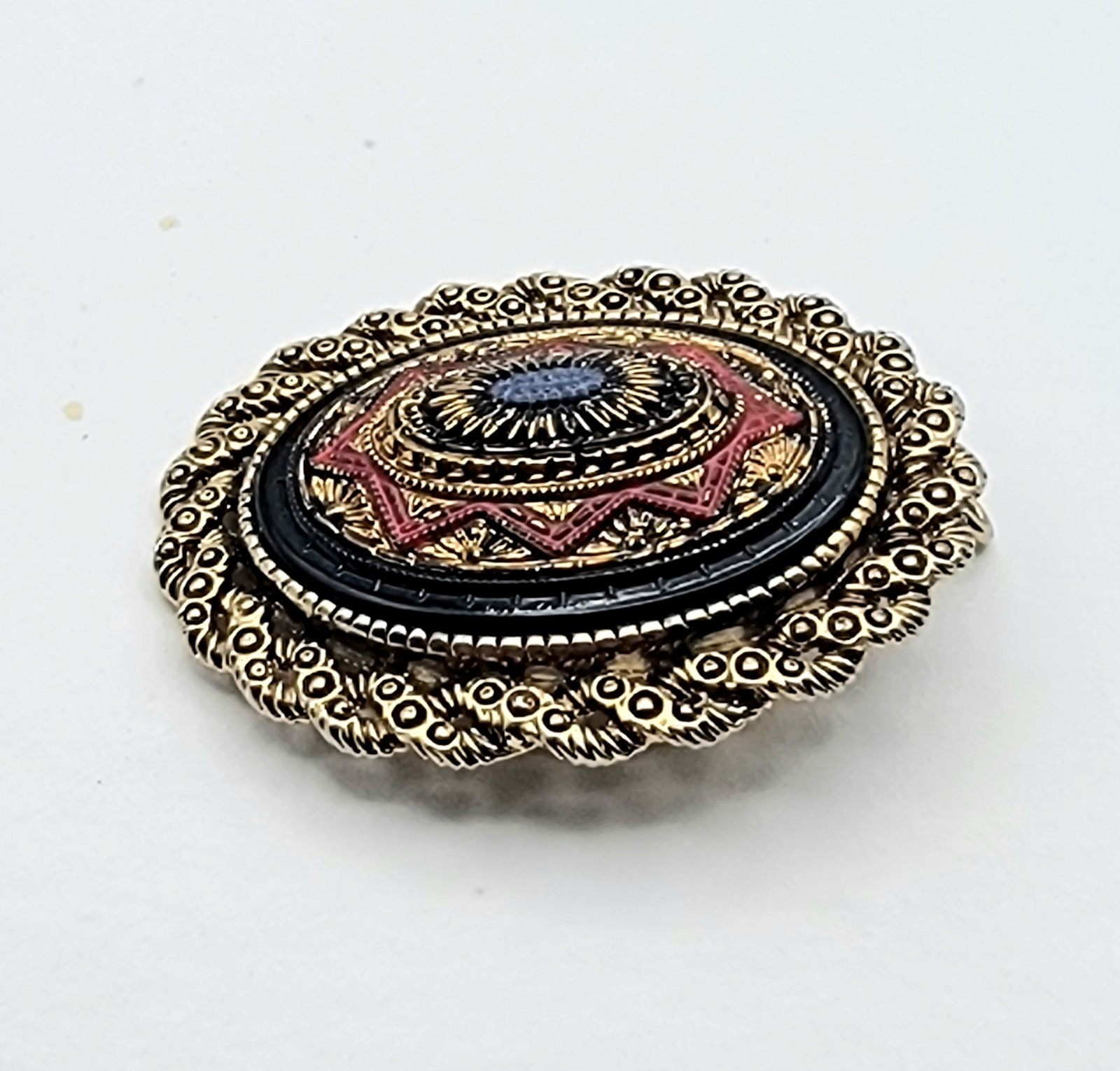 Sarah Coventry Brooch/ OR Pendant Gold Tone Red Black Enamel Oval Dome Detailed
