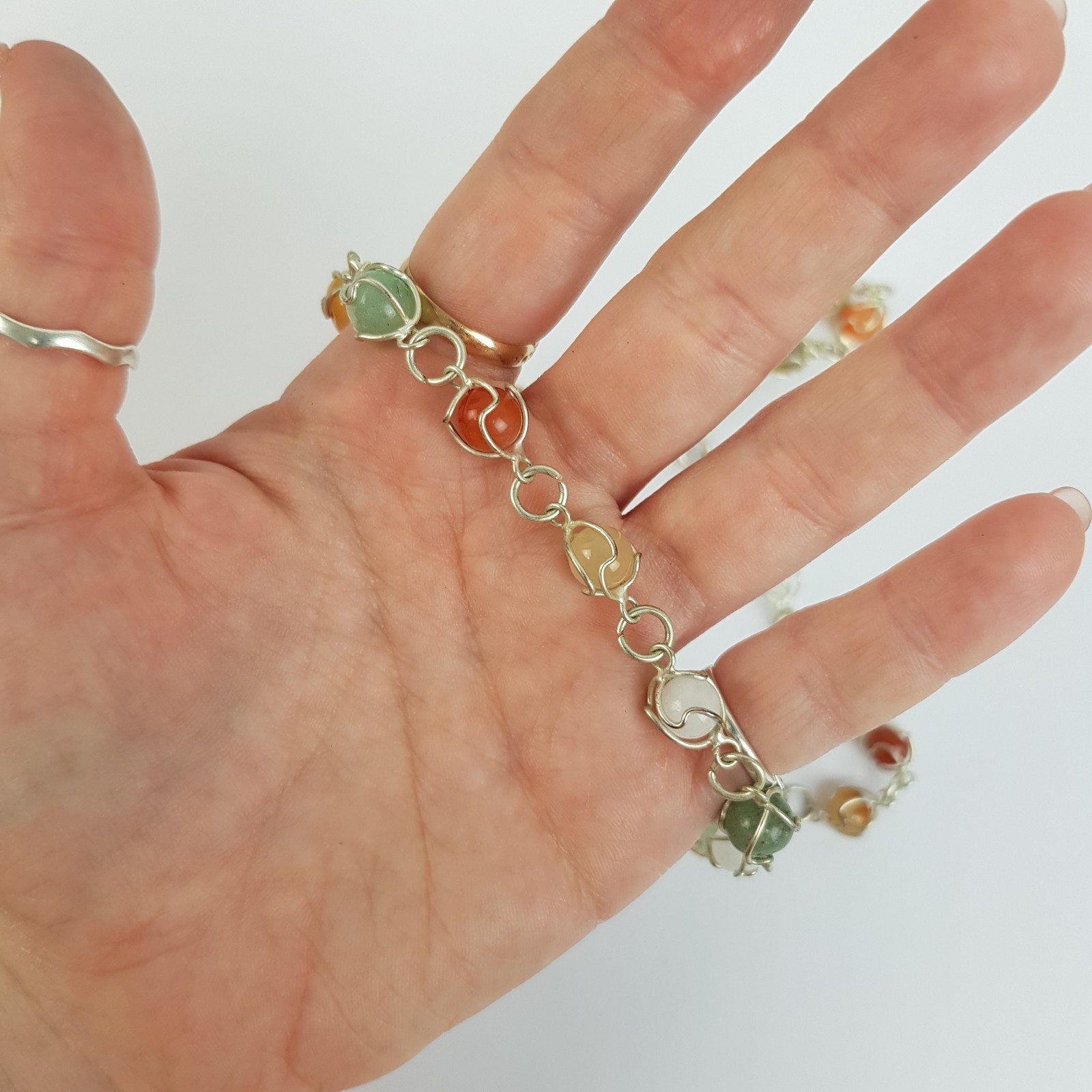 Mixed Colour Semi Precious Gemstone Silver Tone Wire Wrapped Necklace 52.5cm