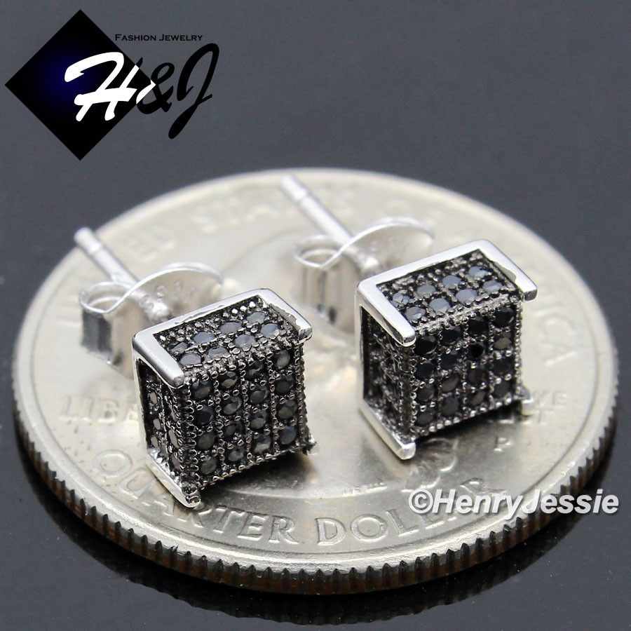 MEN 925 STERLING SILVER 6MM ICY CUBIC ZIRCONIA BLACK/SILVER 3D STUD EARRING*E169