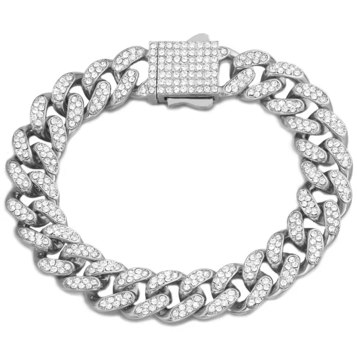 Gold Cuban Link Chain Bracelet Pavé Round Crystal Box Clasp 20 cm