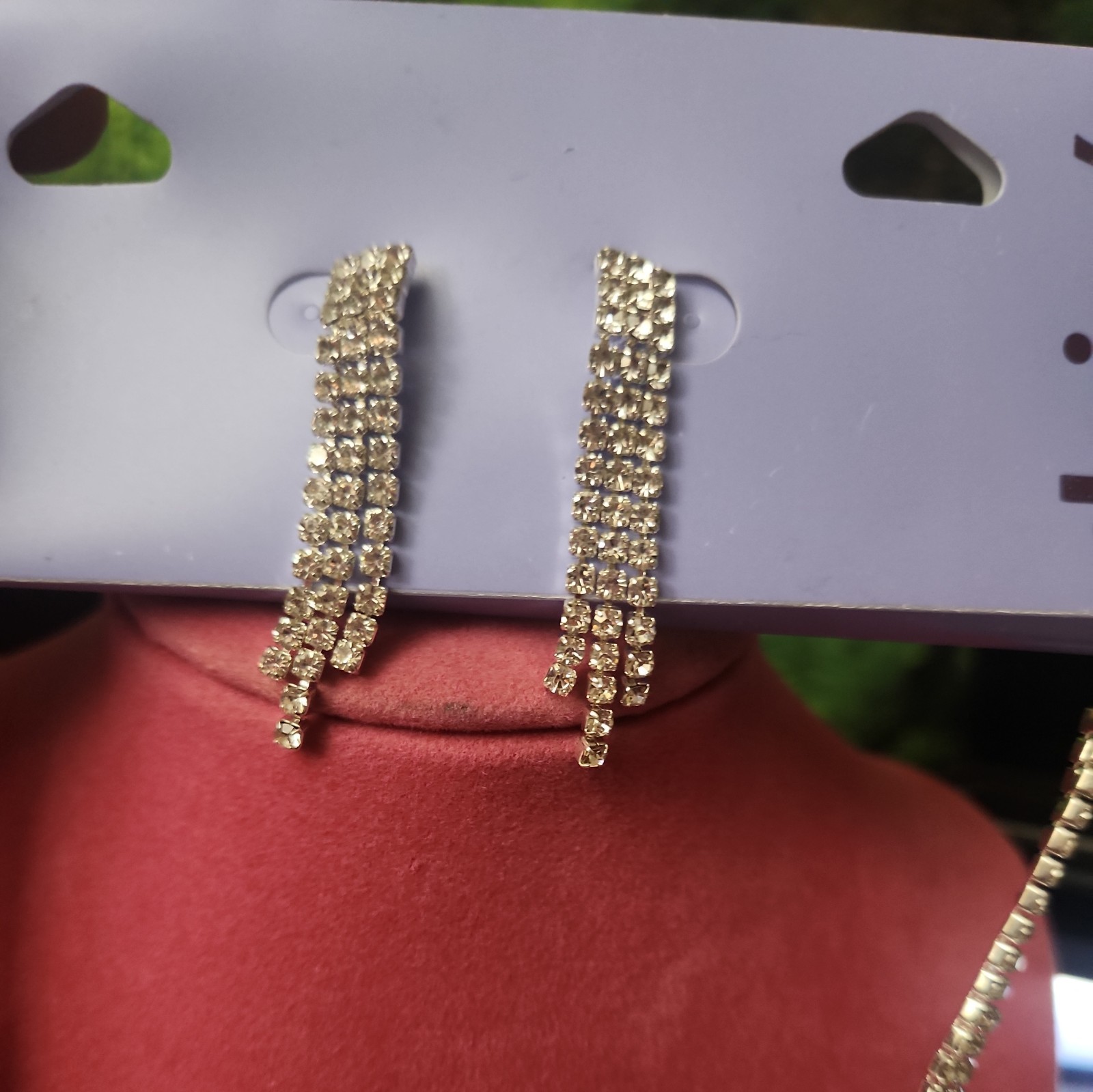 Rhinestone Fringe Necklace Earrings Set Waterfall Statement Glam Jewelry