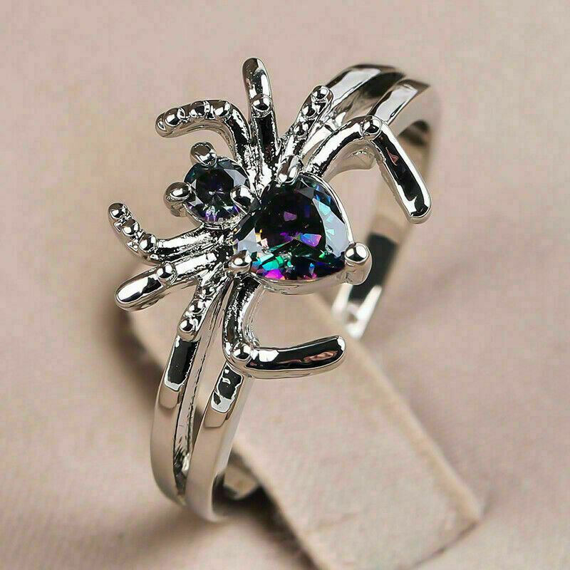925 Sterling Silver Rainbow Mystical Topaz Spider Wedding Engagement Ring Size 9