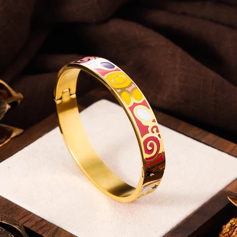 Stainless Steel Enamel Cuff Bangle Women Gold Tone Geometric Round Jewelry