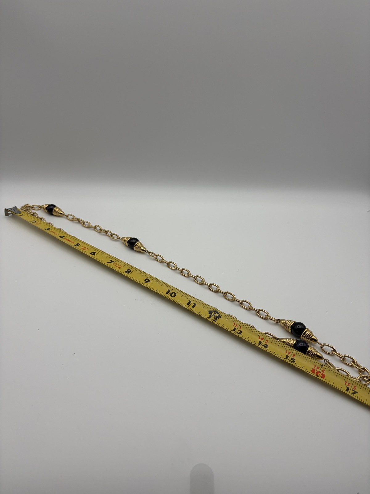 Gold Tone Rope Link Chain Necklace Black Bead Station Long Layering Statement