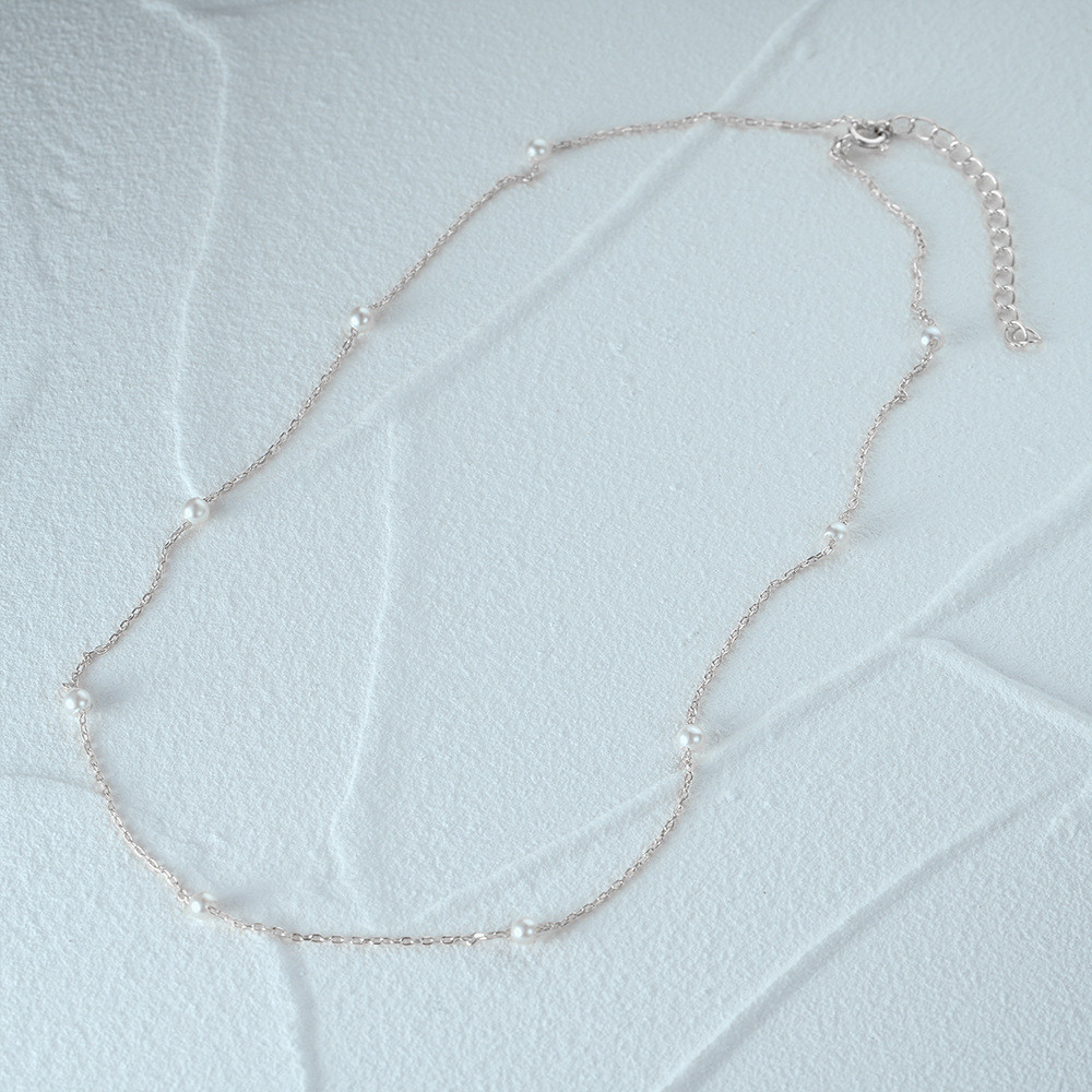 925 Sterling Silver Dainty Pearl Bead Station Chain Necklace for Women