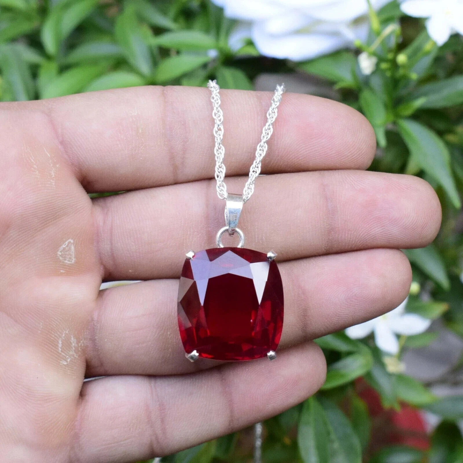 30 Ct Natural Red Ruby Pendant 925 Sterling Silver Cushion Cut Gemstone Jewelry