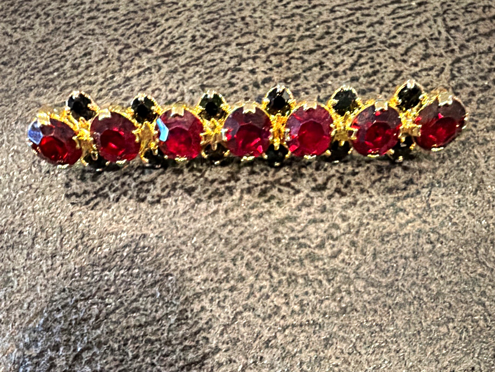 Gold Tone Bar Brooch Pin w/ Round Red Rhinestones & Black Accents, Prong Set