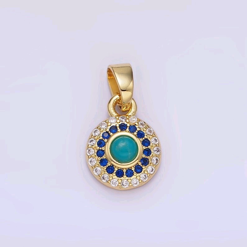 14K Gold Filled Turquoise CZ Round Pendant Micro Pave Gemstone Charm DIY
