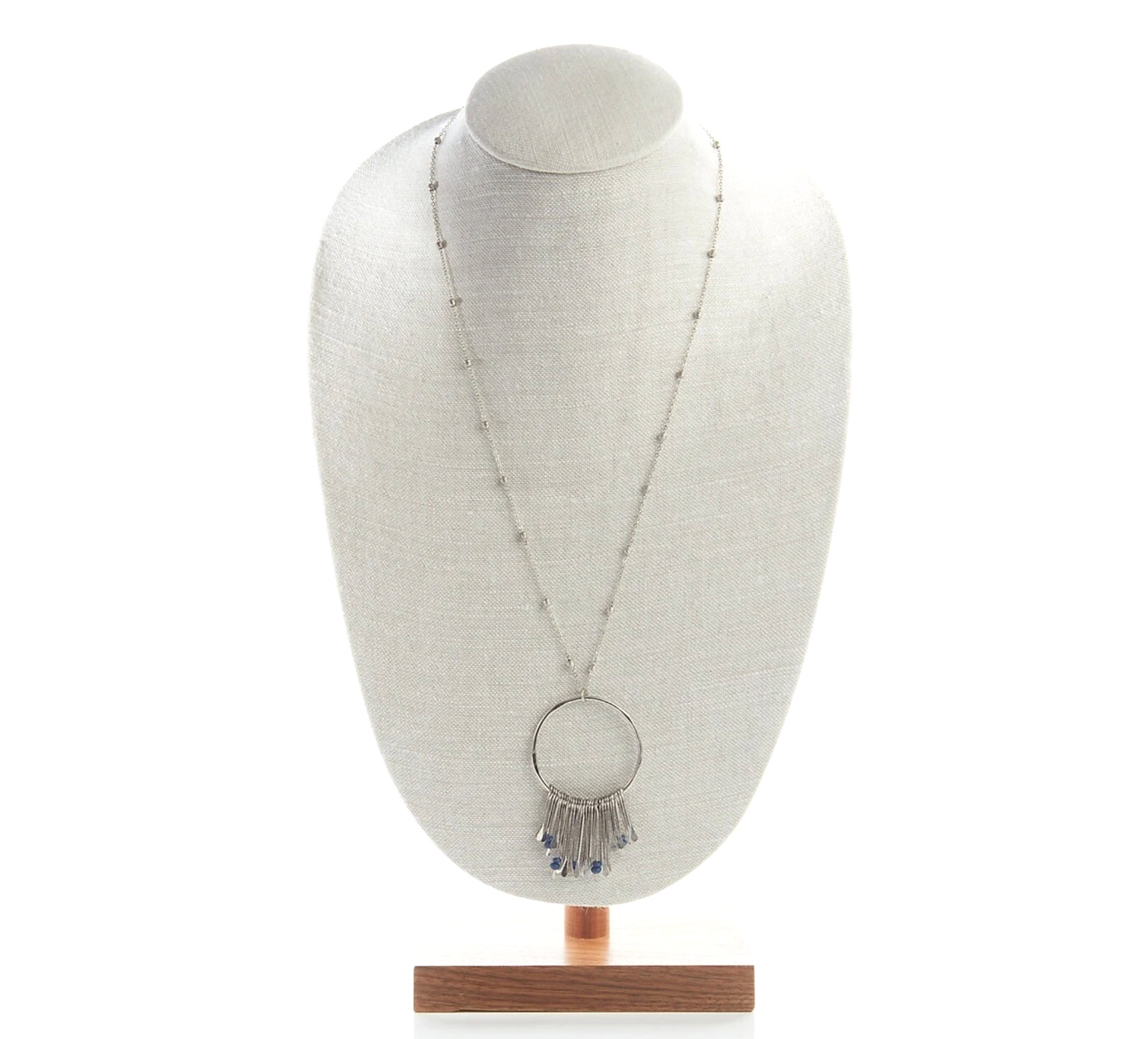 J. Jill Beaded Necklace Blue Silver Fringe Pendant Long Boho Artisan Statement