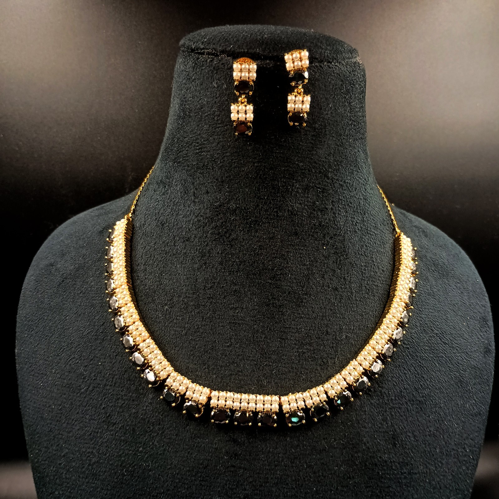 22k Gold Plated Black Onyx Choker Necklace Set Pearls Indian Temple Festival New