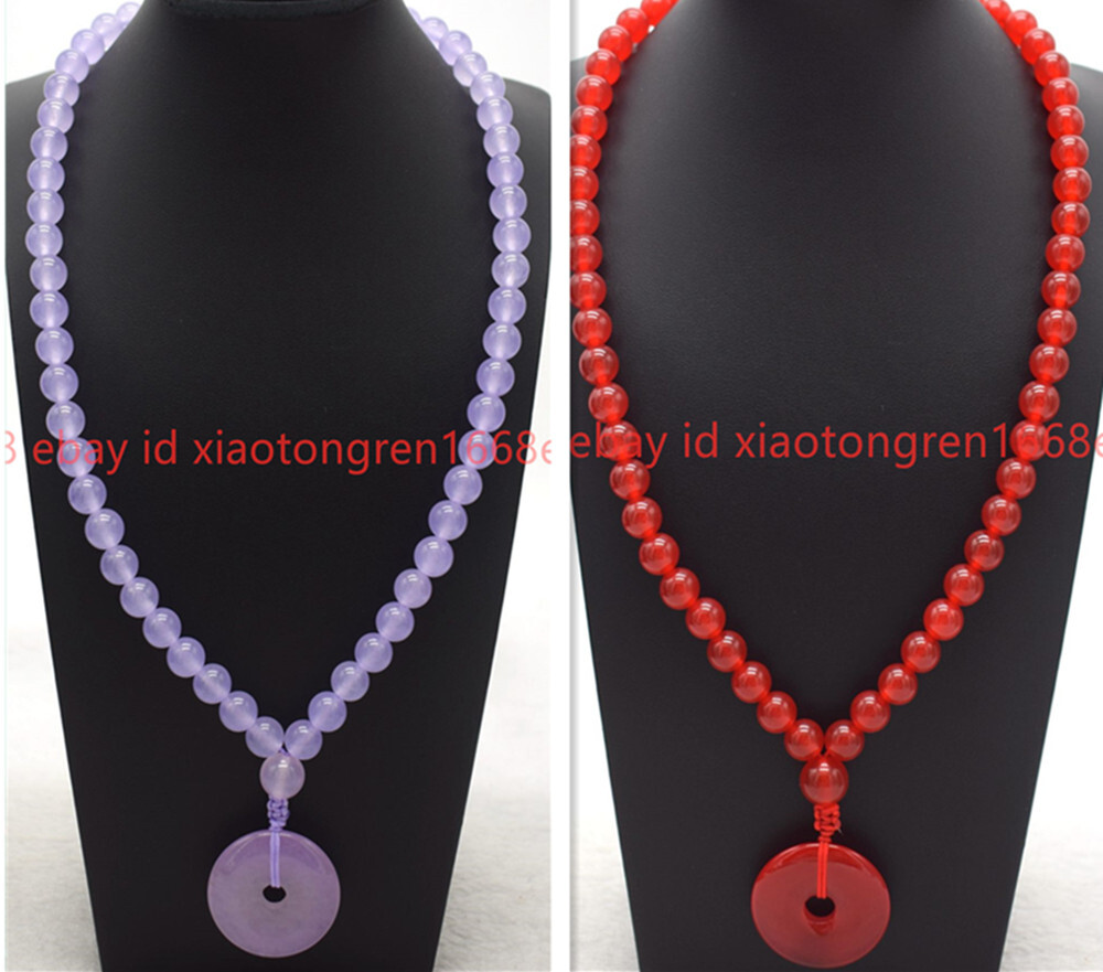 New 8/10/12mm Lavender /Red Jade Gems & 30mm Circle Donut Pendant Necklace 18in