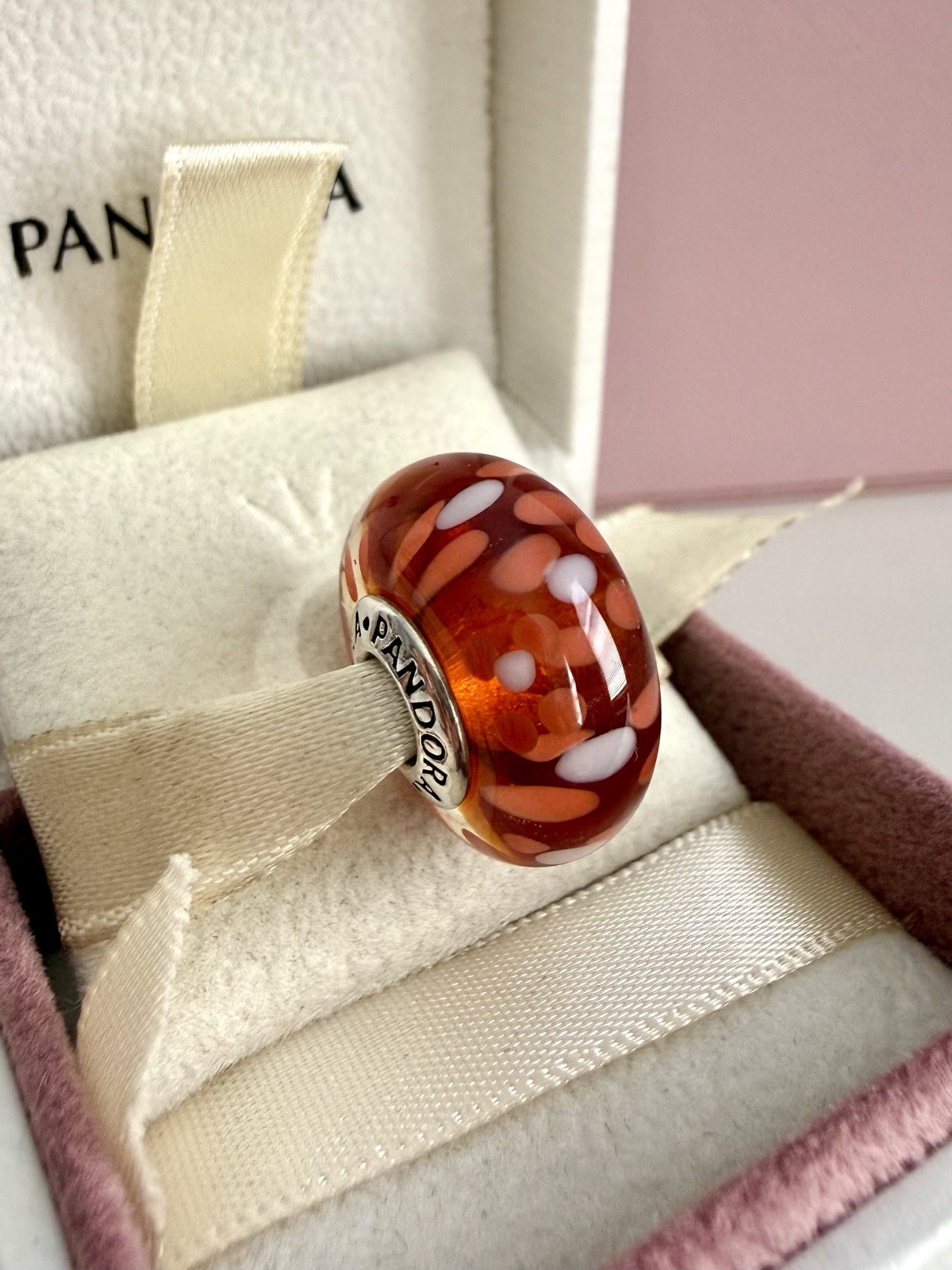 PANDORA SILVER ORANGE SPOT LIGHT X-LARGE MURANO GLASS CHARM AUTHENTIC RETIRED