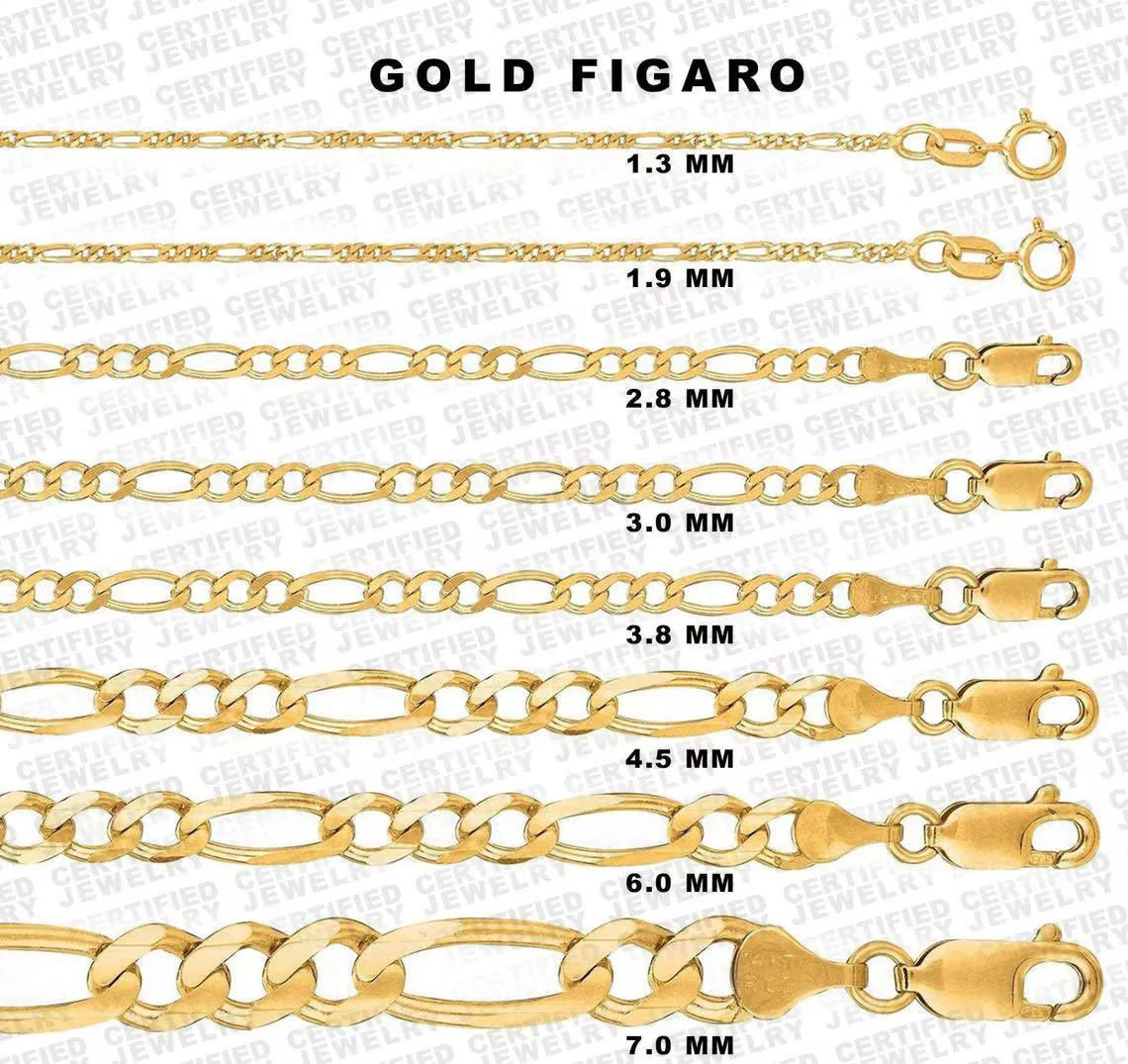 Solid 14K Real Yellow Gold Diamond Cut Figaro Link Necklace 1.3mm-7mm Jewelry