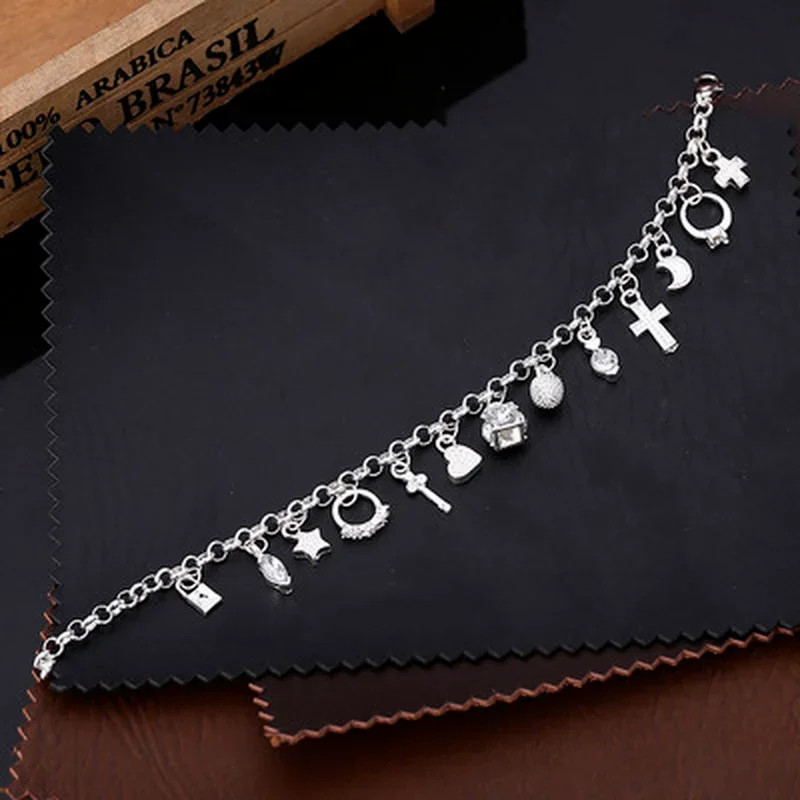925 Sterling Silver Fashion 13pcs Pendant Charm Bracelet For Women Teen Girls