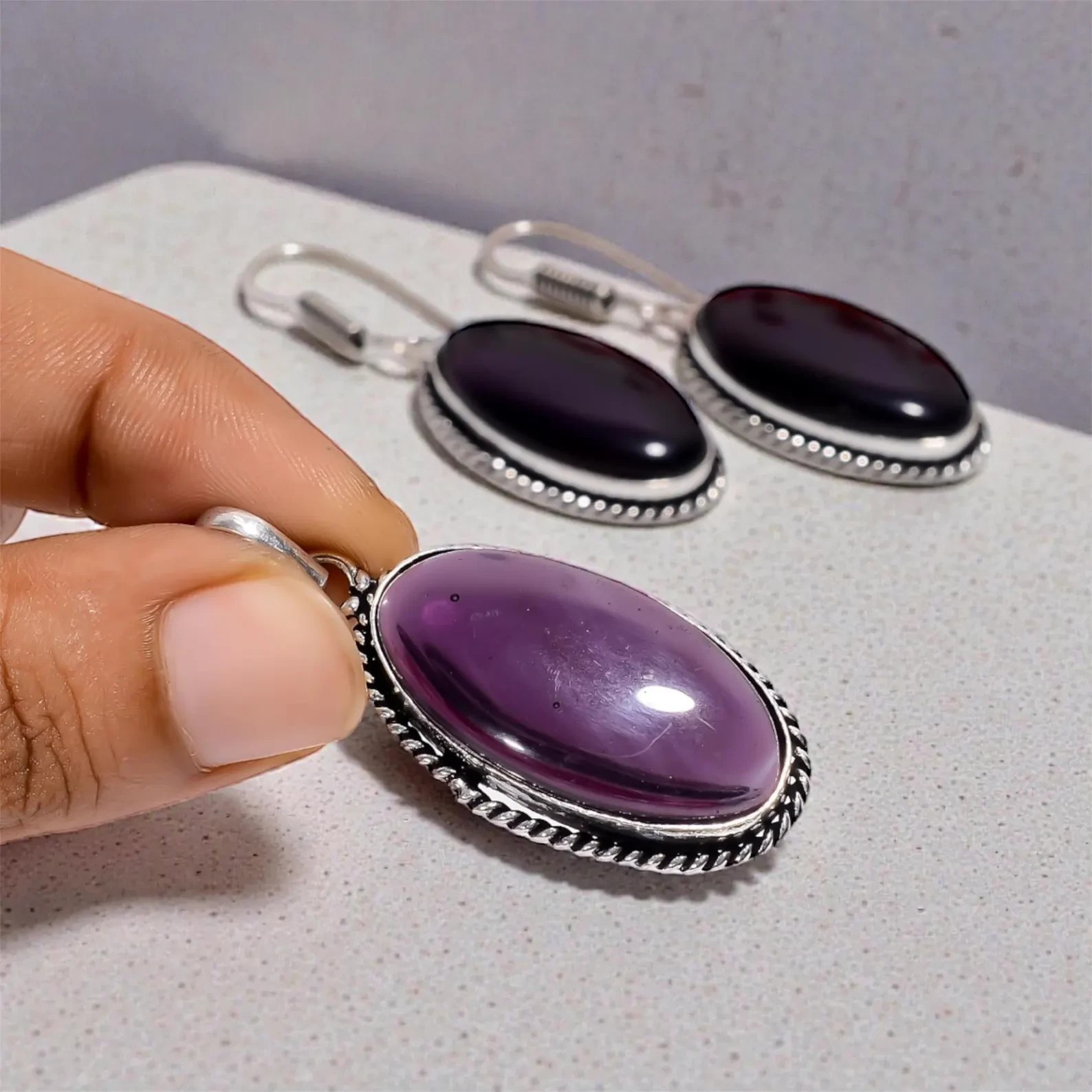 925 Sterling Silver Purple Amethyst Pendant & Earring Set Oval Cabochon