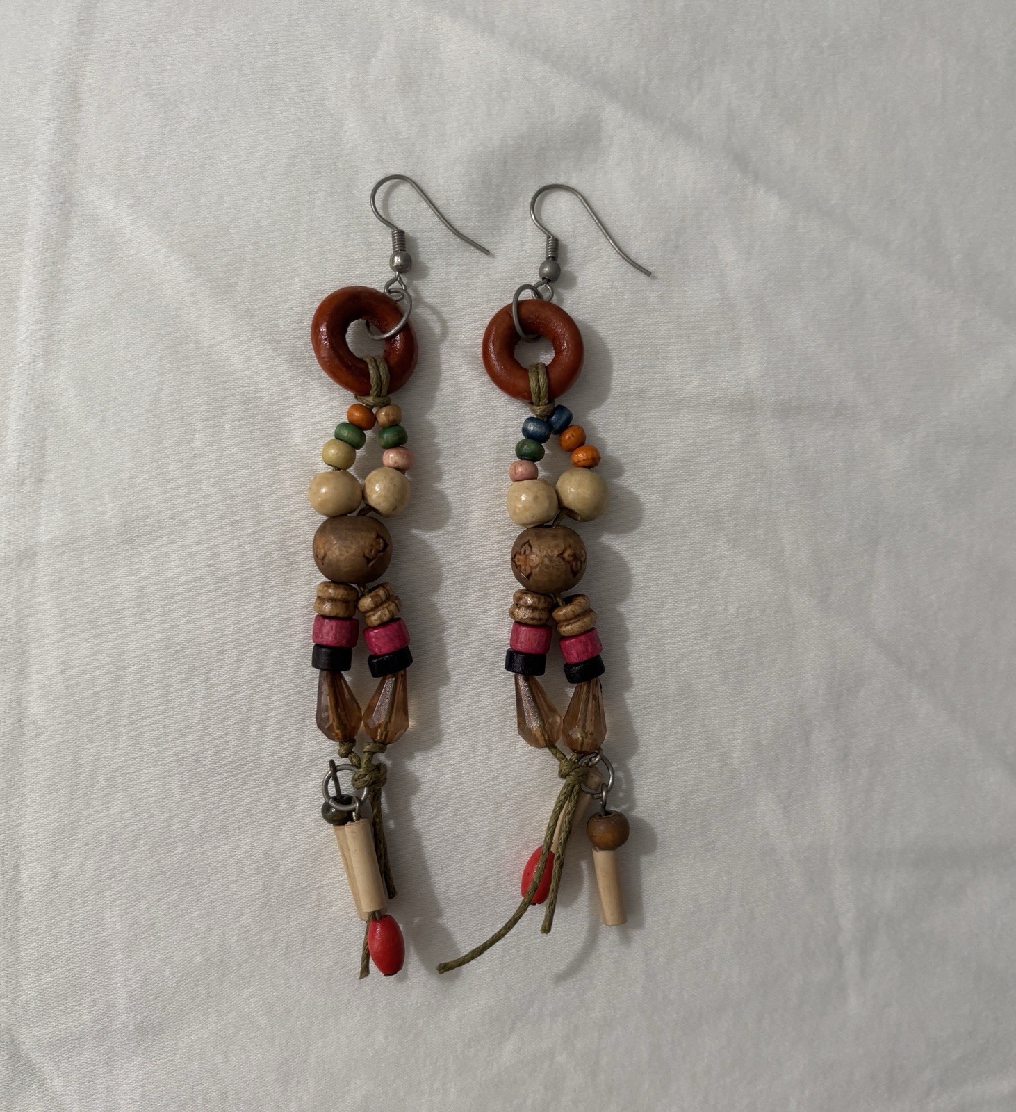 Bohemian Earthy Dangle Earrings With Wooden Beads and Twine