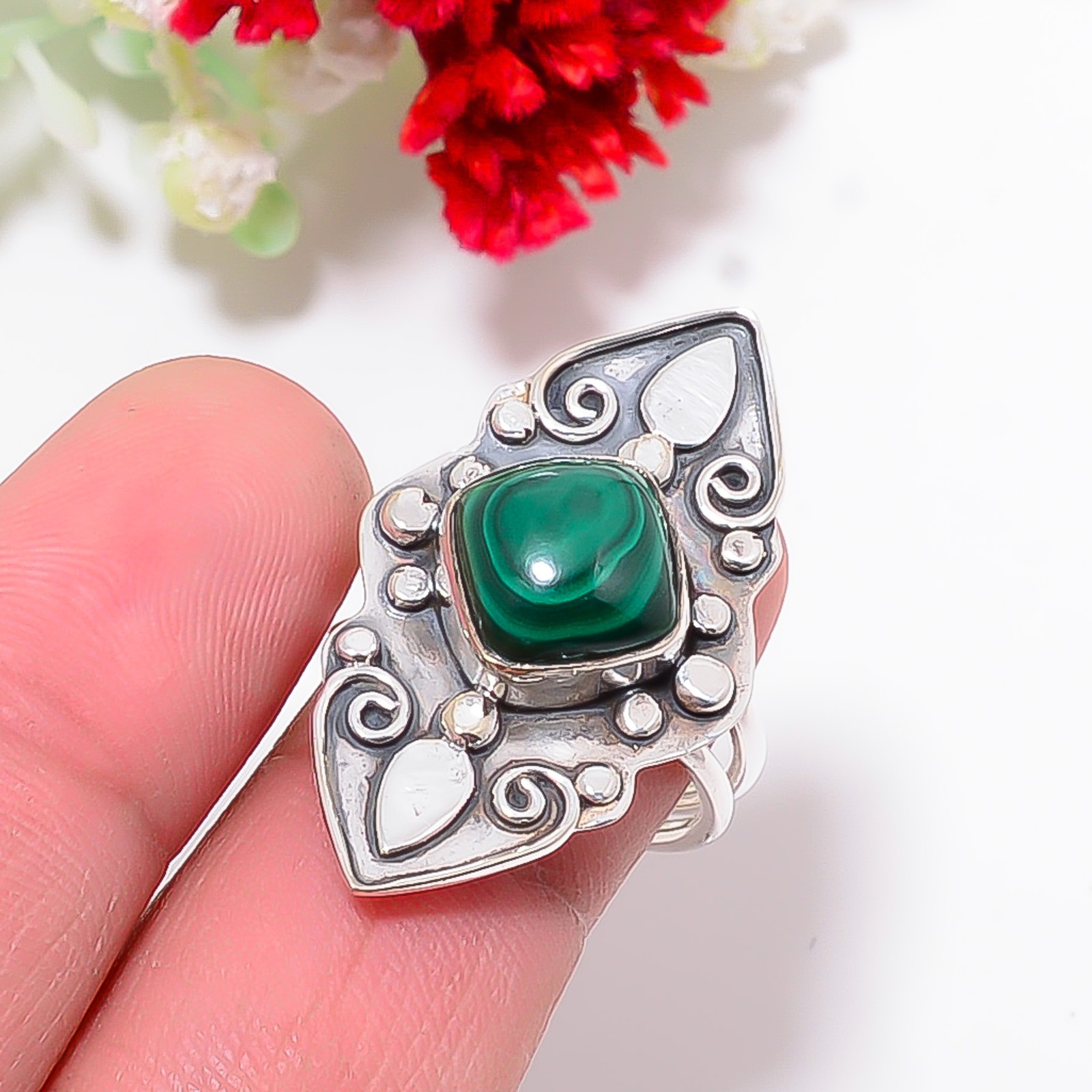 Malachite – Congo Designer Handmade Oxidised 925 Sterling Silver Ring S.7 R12003
