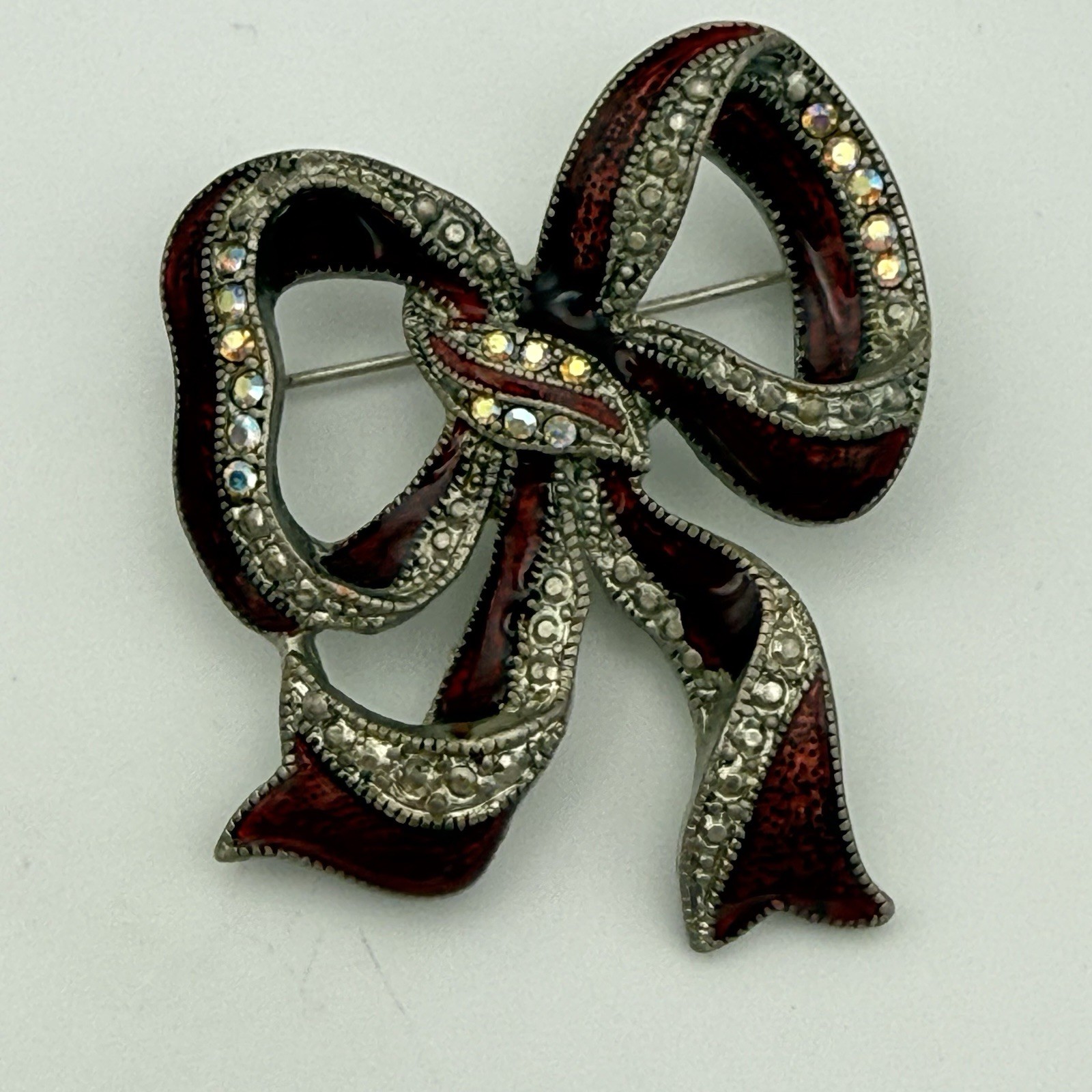 Bow Brooch Red Enamel Aurora Borealis Rhinestone Silver Tone Ribbon Pin 0032