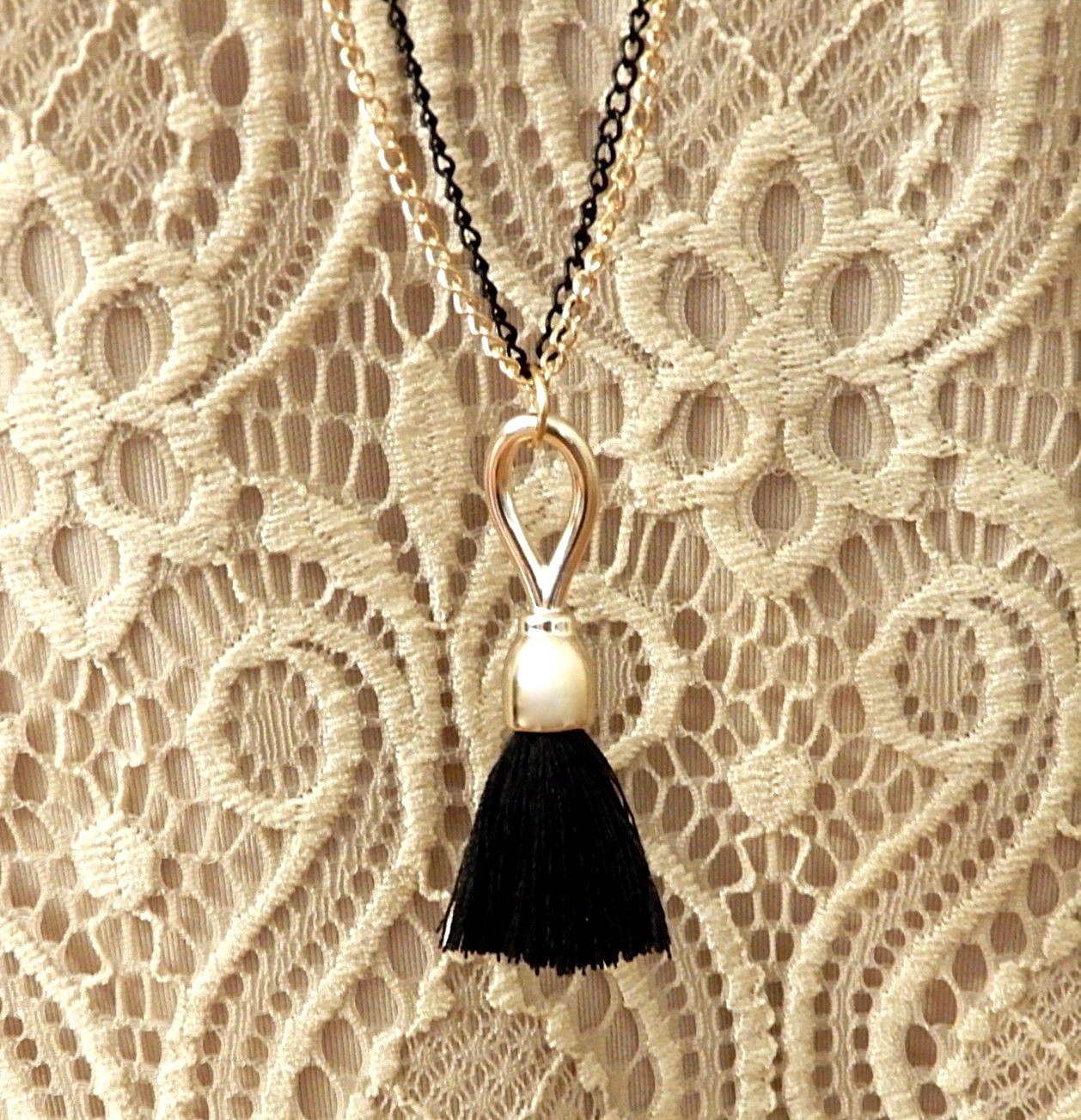 Gold & Black 2 Tier Chain Thread Tassle Pendant Long 30 Inch Sweater Necklace