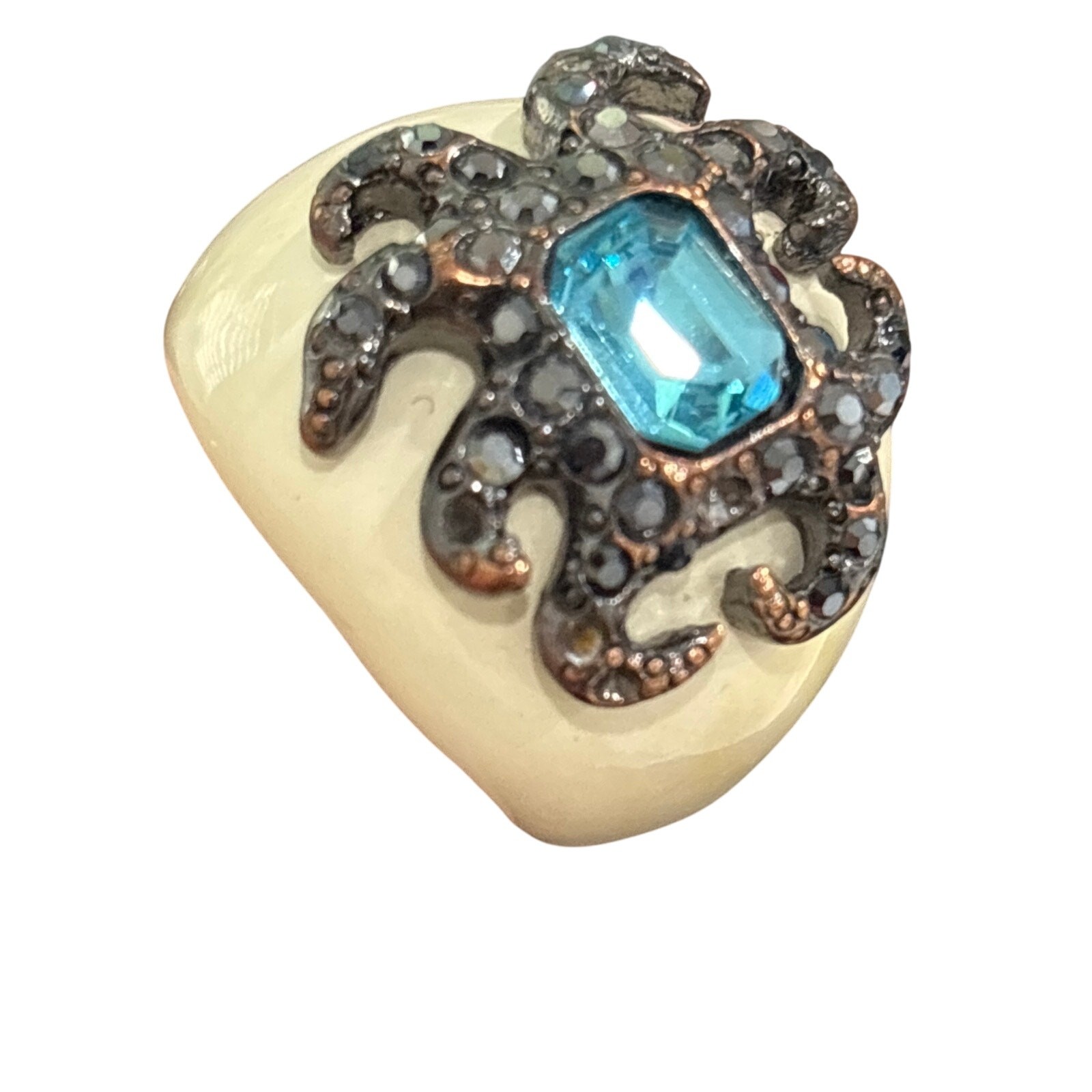 Vintage KJL Kenneth J Lane cocktail ring size 7 aqua blue stone & rhinestones