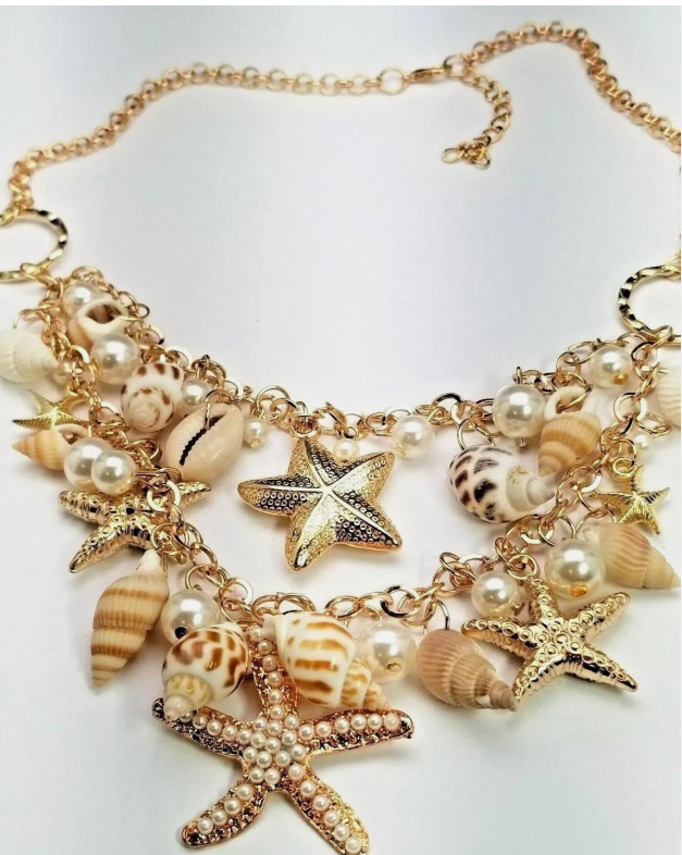 Beach Seashell Starfish Necklace Gold Chain Pearl Boho Statement Jewelry Women