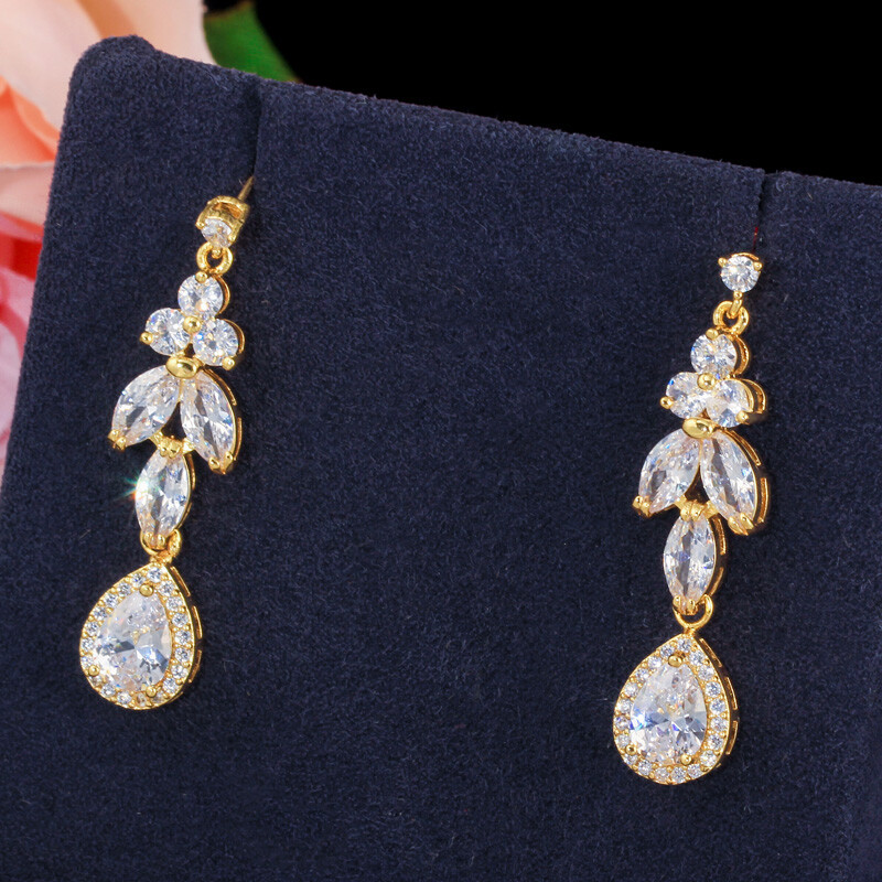 CWWZircons Luxury Leaf Silver Plated Cubic Zirconia Wedding Necklace Jewelry Set