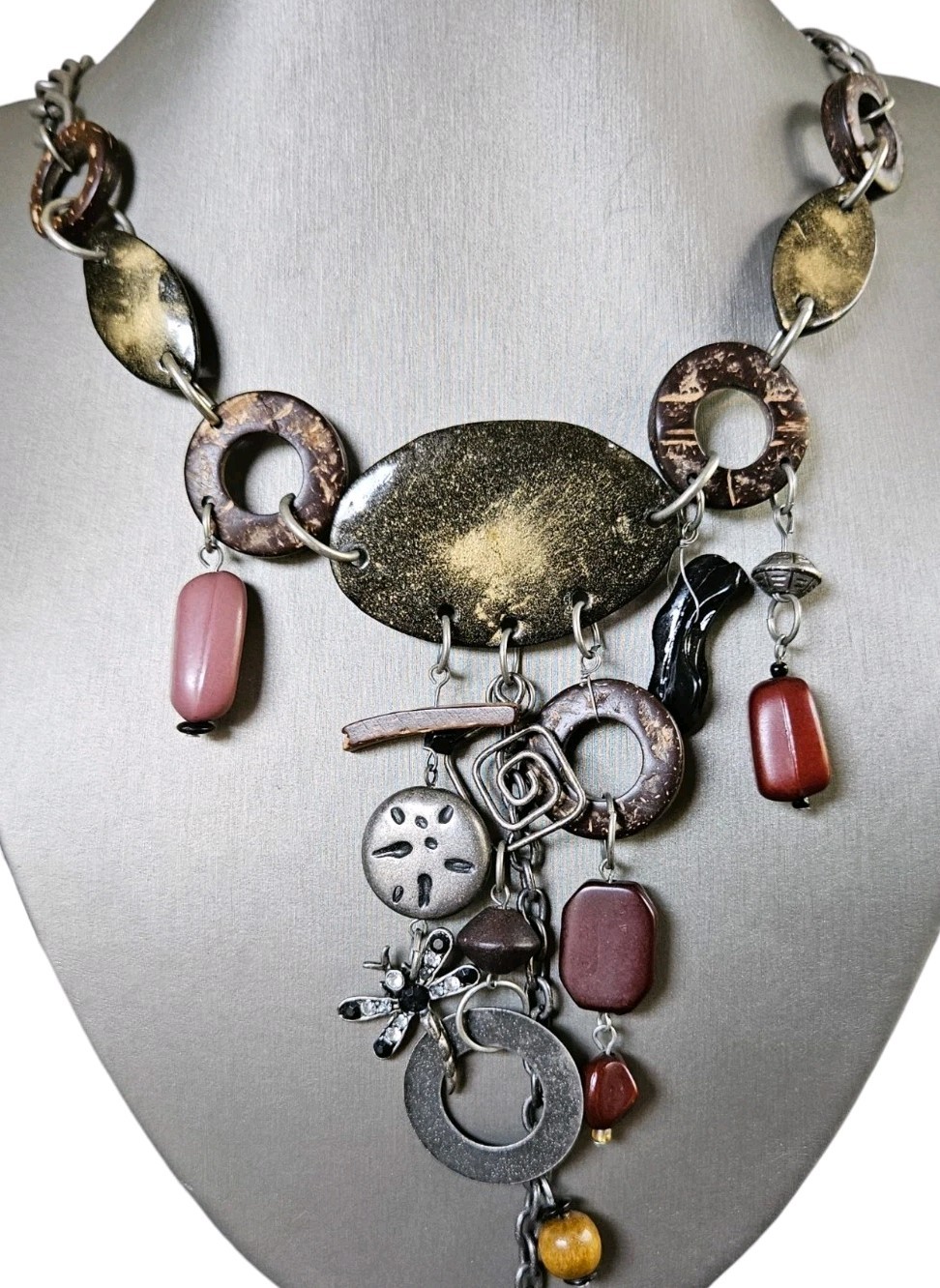 Silver Dragonfly Necklace Runway Boho Chunky Wood Metal Bib Beaded Stone Vintage