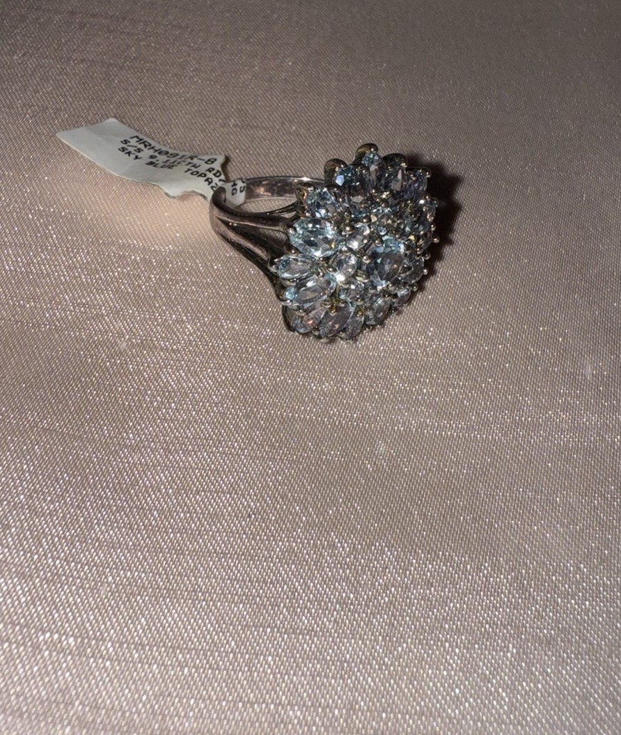 Blue Topaz Flower Cluster Halo Cocktail Ring, Prong Set, Silver-Tone, Size 8