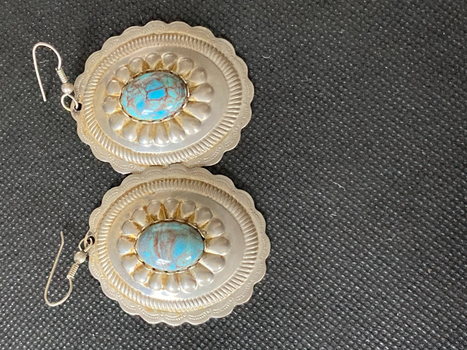 Earrings Native Inspired Stamped Tin and Turquoise Glass Cabochons 2″ Hooks