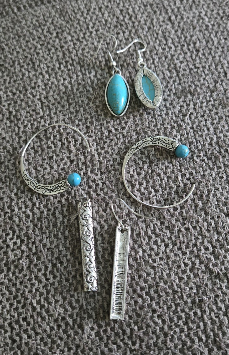 Lot 3 Pairs Silver Tone Blue Oval Stone Hoop & Dangle/Drop Hook Earrings