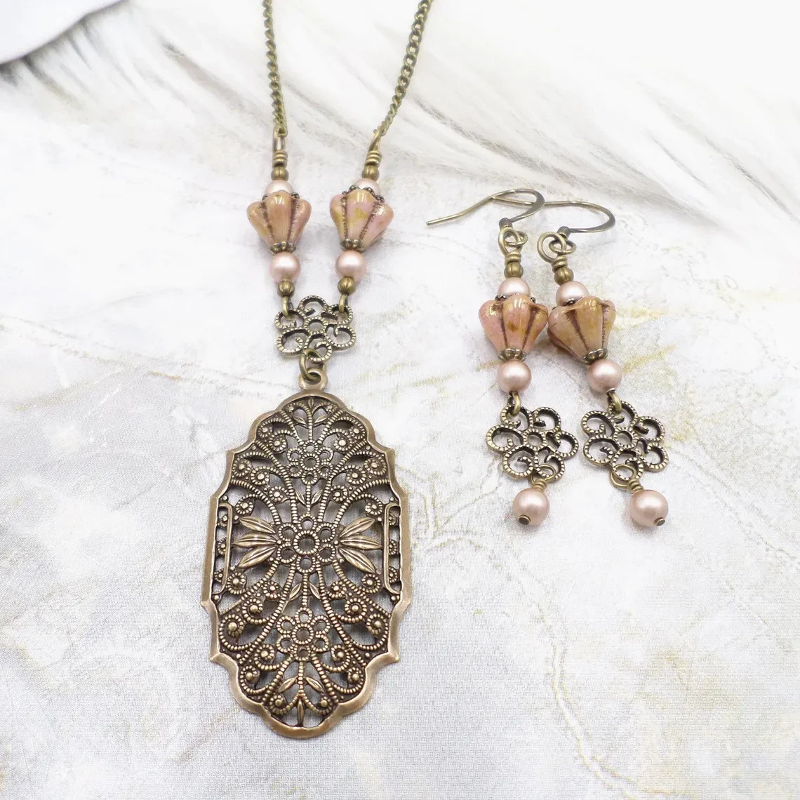 Victorian Style Brass Filigree Blush Pink Flower & Pearl Necklace Set