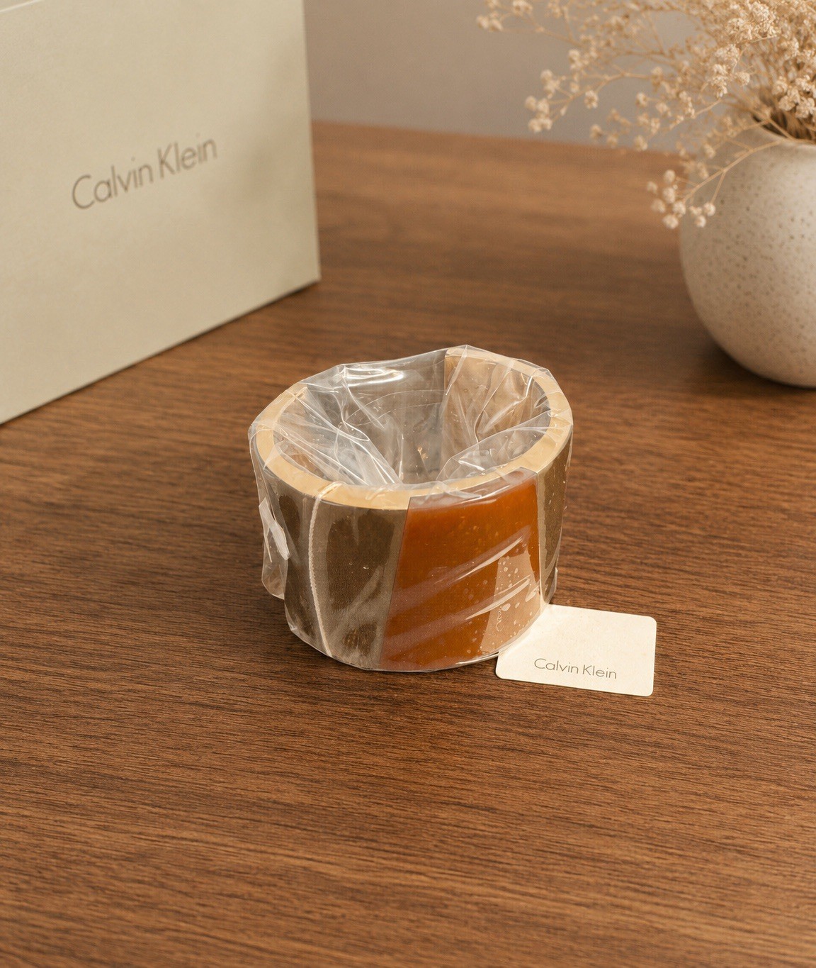 Calvin Klein Wide Rose Gold Tone Cuff Bracelet Brown Resin Panel NWT Box $229