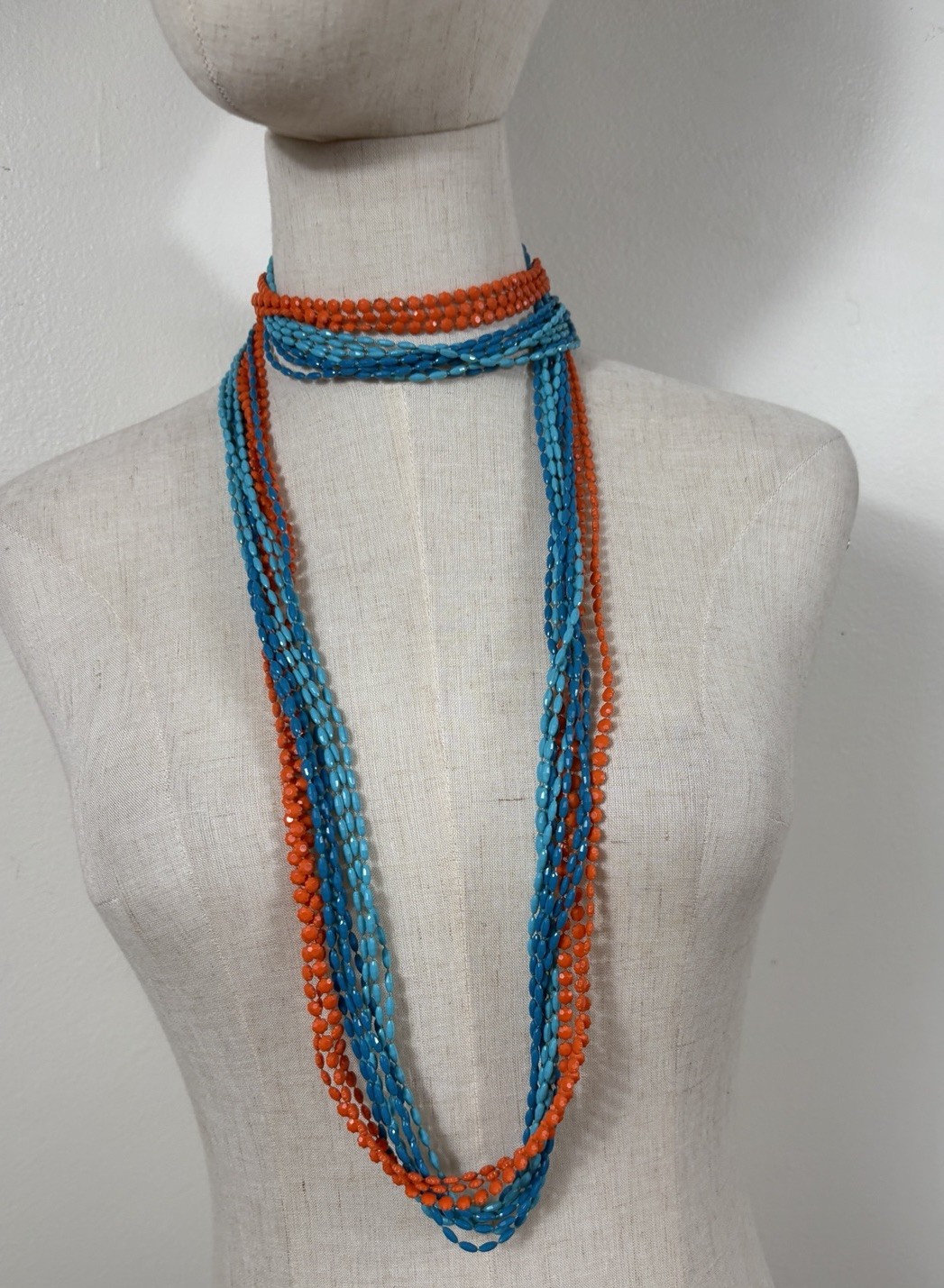 Retro 70s Multi strand Necklace LONG set of 2 – 50” Blue & Orange Plastic Beads