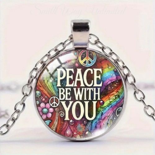 May Peace Be with You Pattern Round Glass Pendant Necklace
