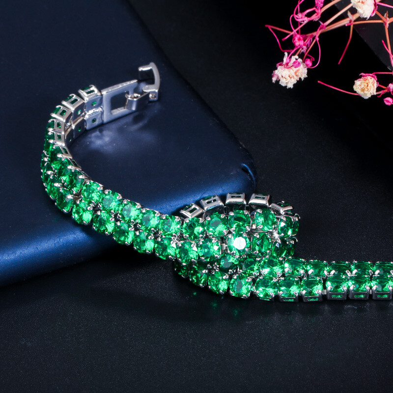 CWWZircons 2 Row Round Silver Plated Cubic Zirconia Green Women Tennis Bracelet