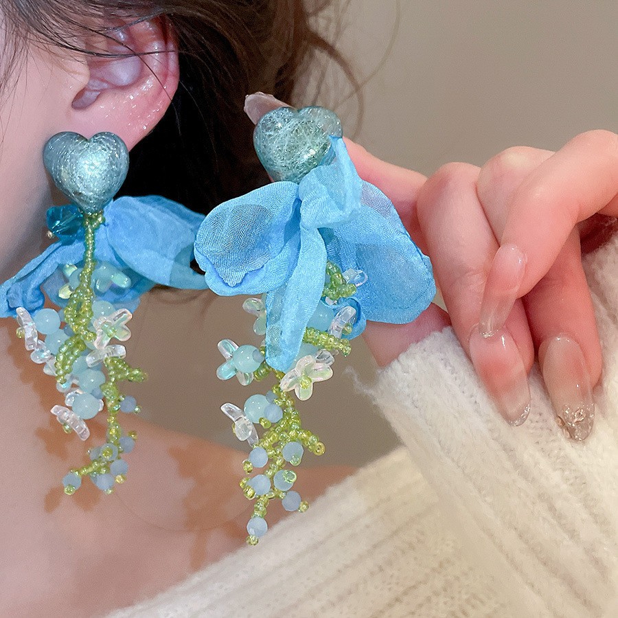 Vintage Sweet Lolita Blue Heart Bow Tassel Dangle Earrings Floral Bead Drop