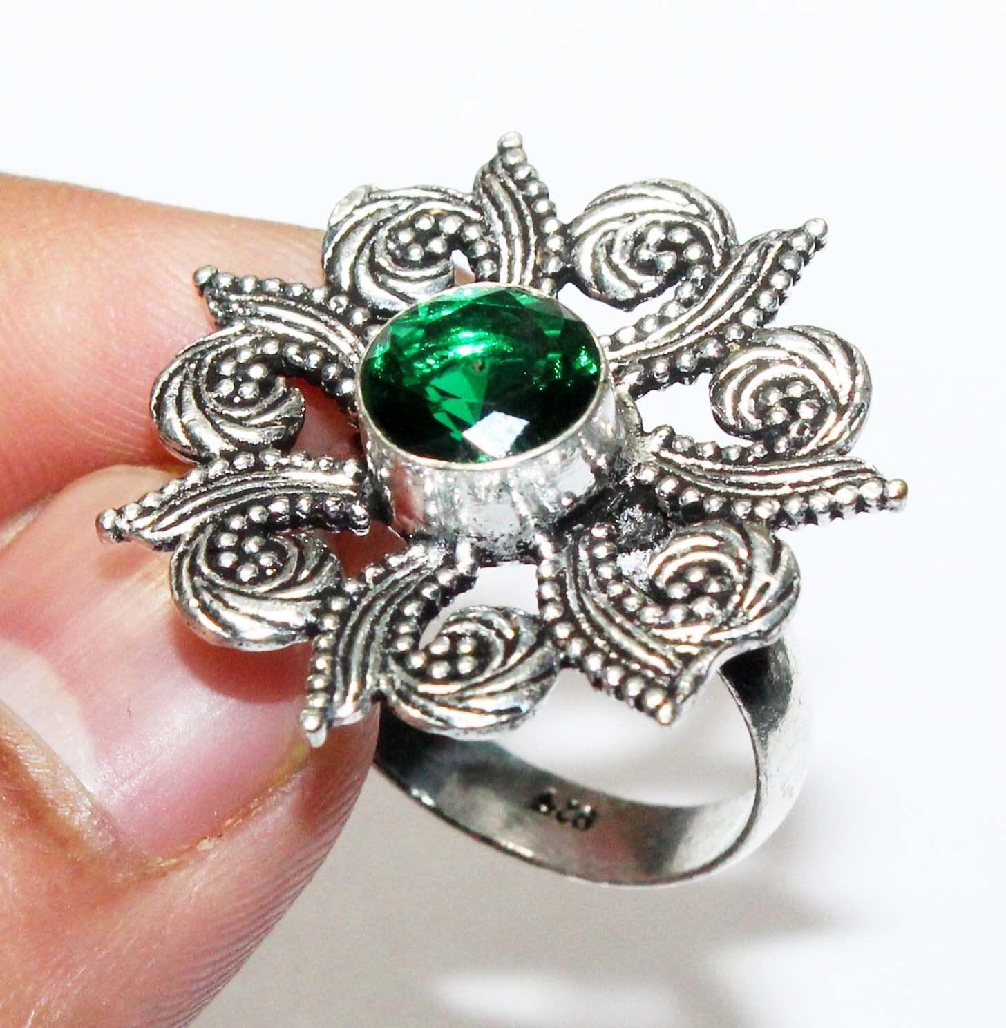 Hydro Green Peridot Round Shape Gemstone Handmade Ring Jewelry Ring Size 7.8 In