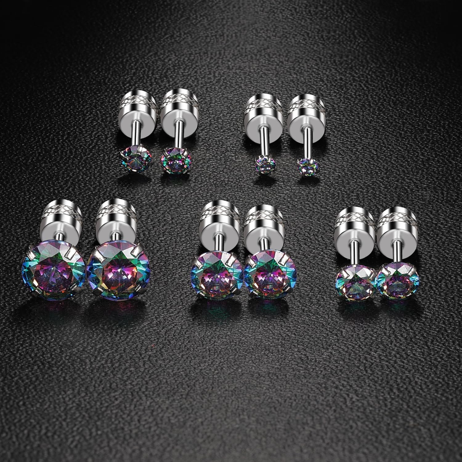 5 Pairs Titanium Screw Back Stud Earrings with Colorful Cubic Zirconia Inlay