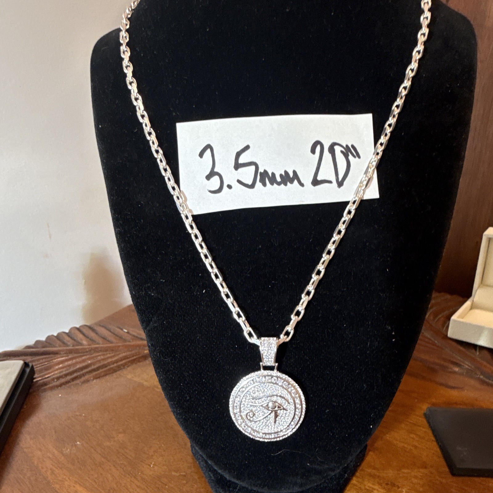 3.5mm 20in Heavy Link Chain SOLID 925 Silver (26g) w Moissanite Evil Eye Pendant