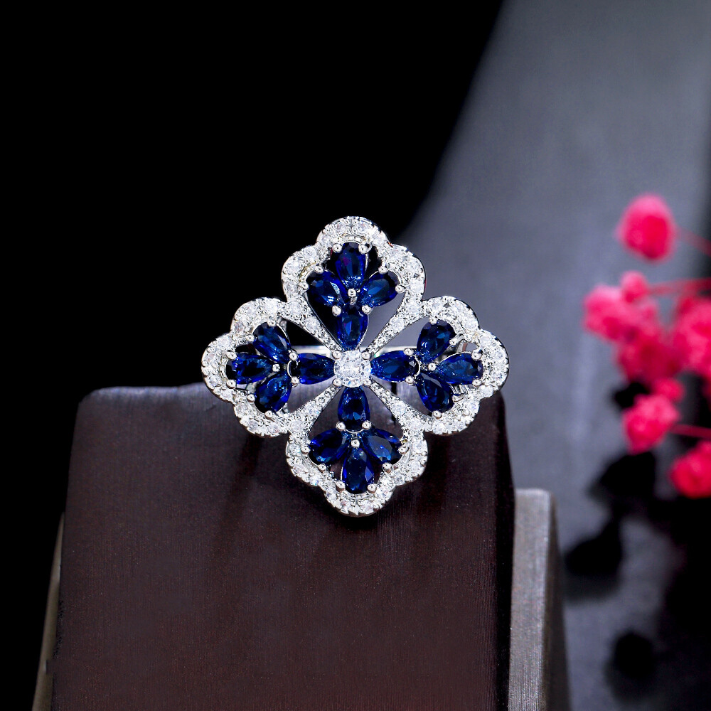 Silver Plated Blue CZ Crystal Flower Statement Women Chunky Flower Party Ring