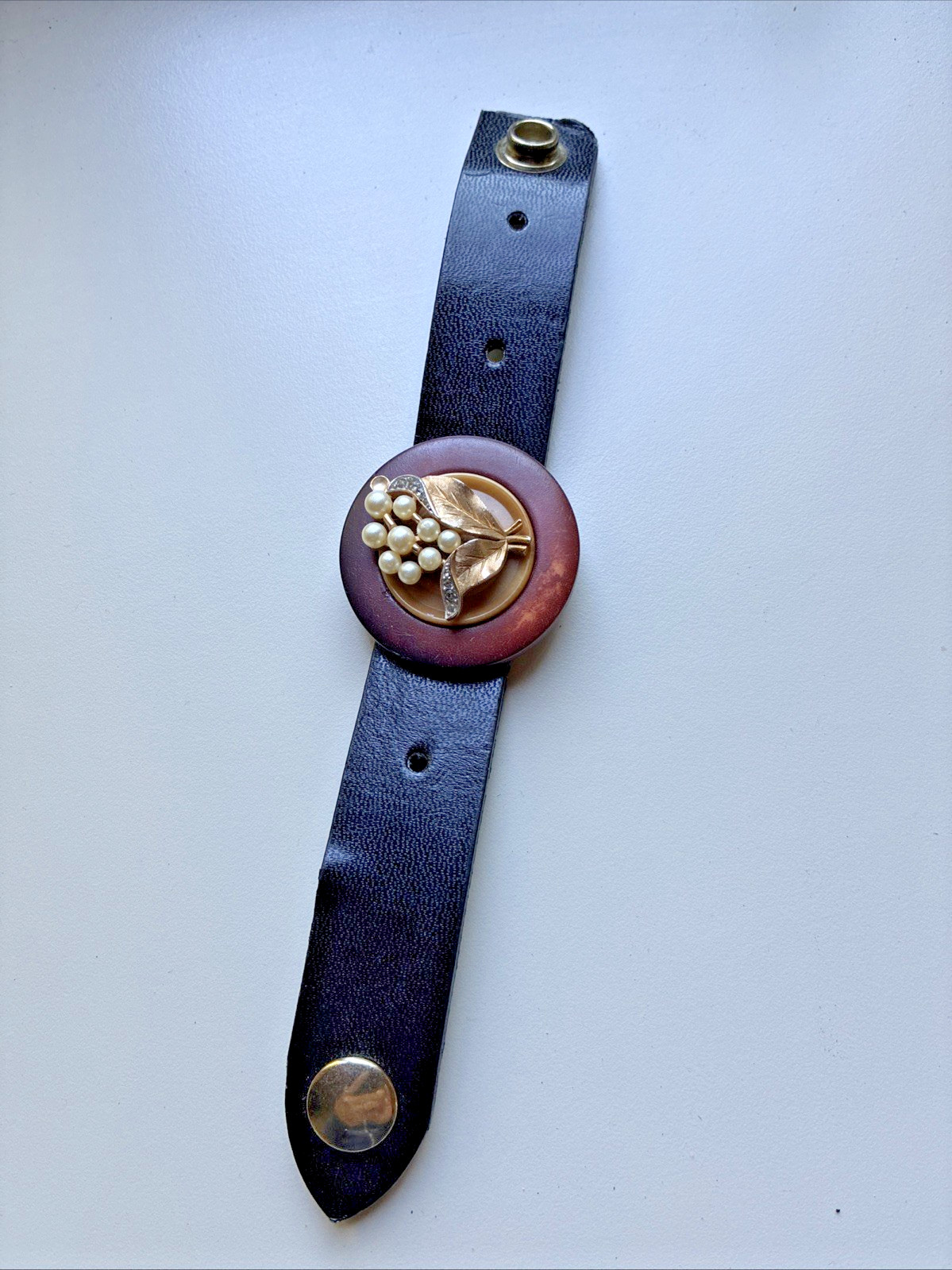 Handcrafted Leather Cuff Bracelet, Snap Closure – upcycled, gold floral pin
