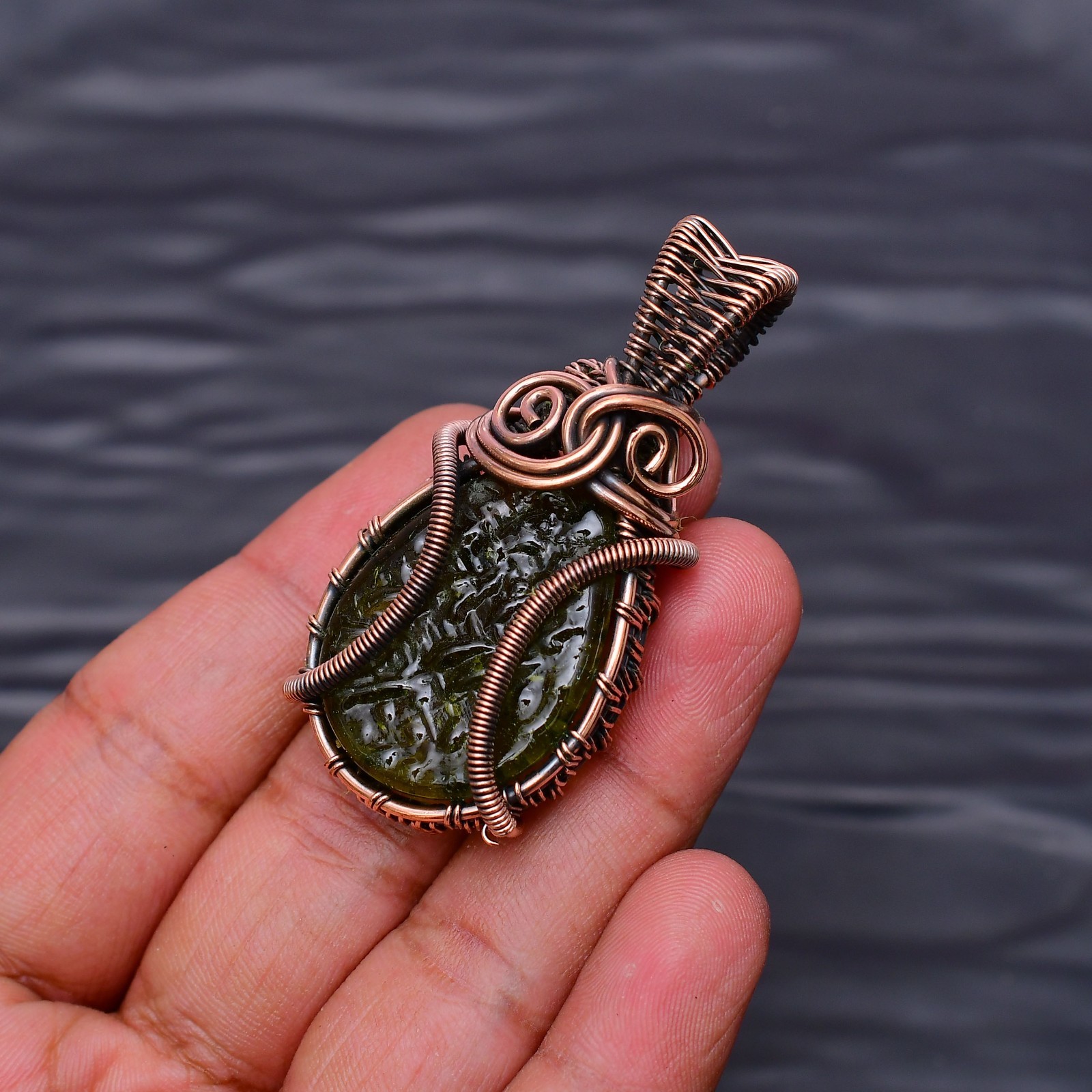 Moldavite Gemstone copper wire wrapped Handmade pendant Jewelry 2.04″