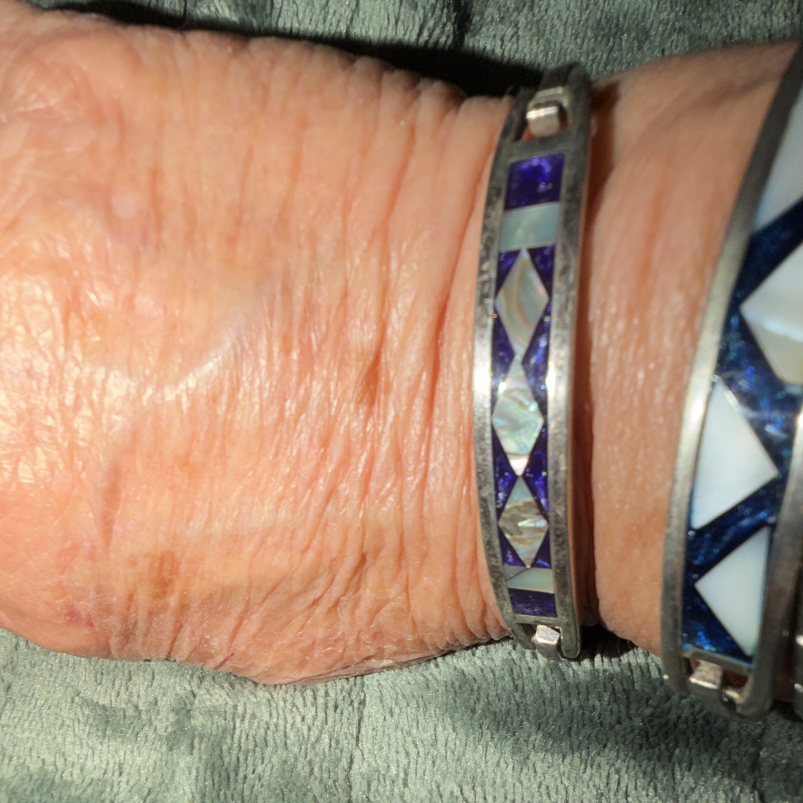 Silver Shell Inlay Cuff Bangle Bracelet, Blue & White Geometric