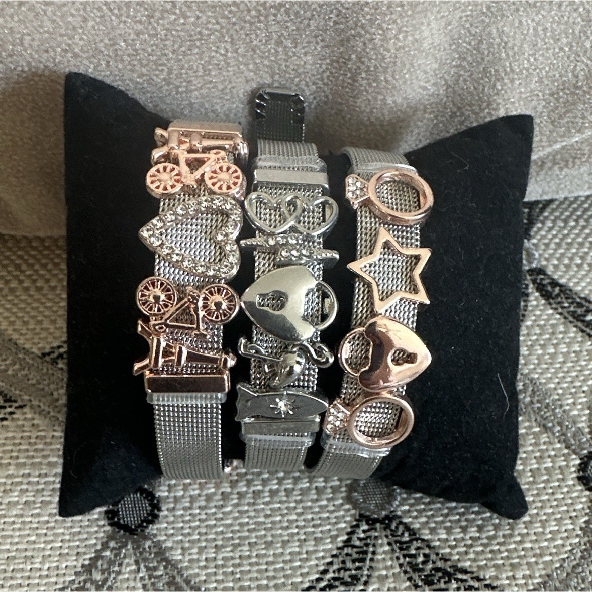 Silver Tone Mesh Slide Charm Bracelet Lot of 3, Adjustable Buckle, Metal